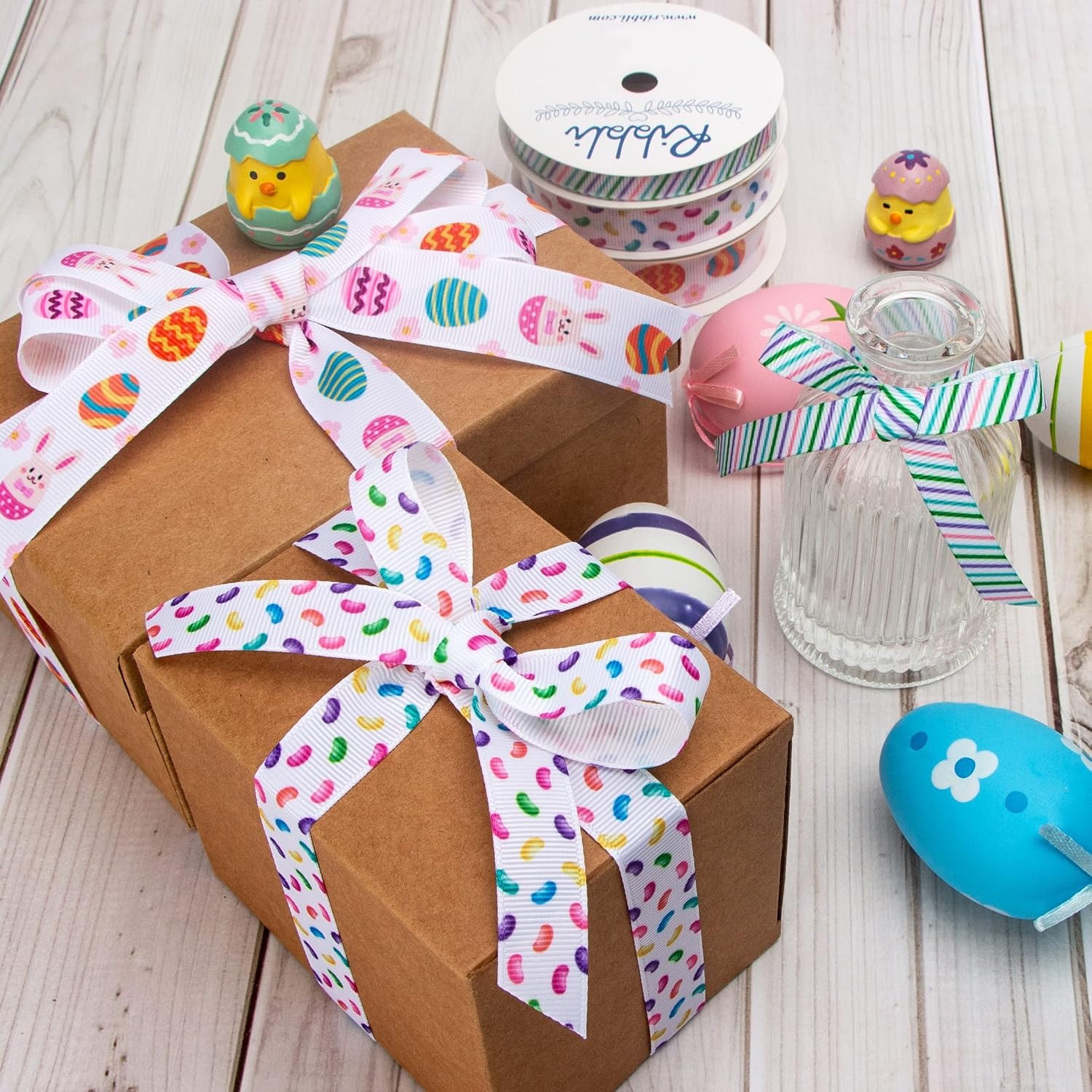 Ribbli 3 Rolls Easter Grosgrain Ribbon,Easter Eggs & Bunny & Jelly Beans & Stripes Ribbon Use for Hair Bows,Wreath, Gift Wrapping,Party Decoration,3/8-Inch 5/8-Inch 7/8-Inch,Total 30 Yards