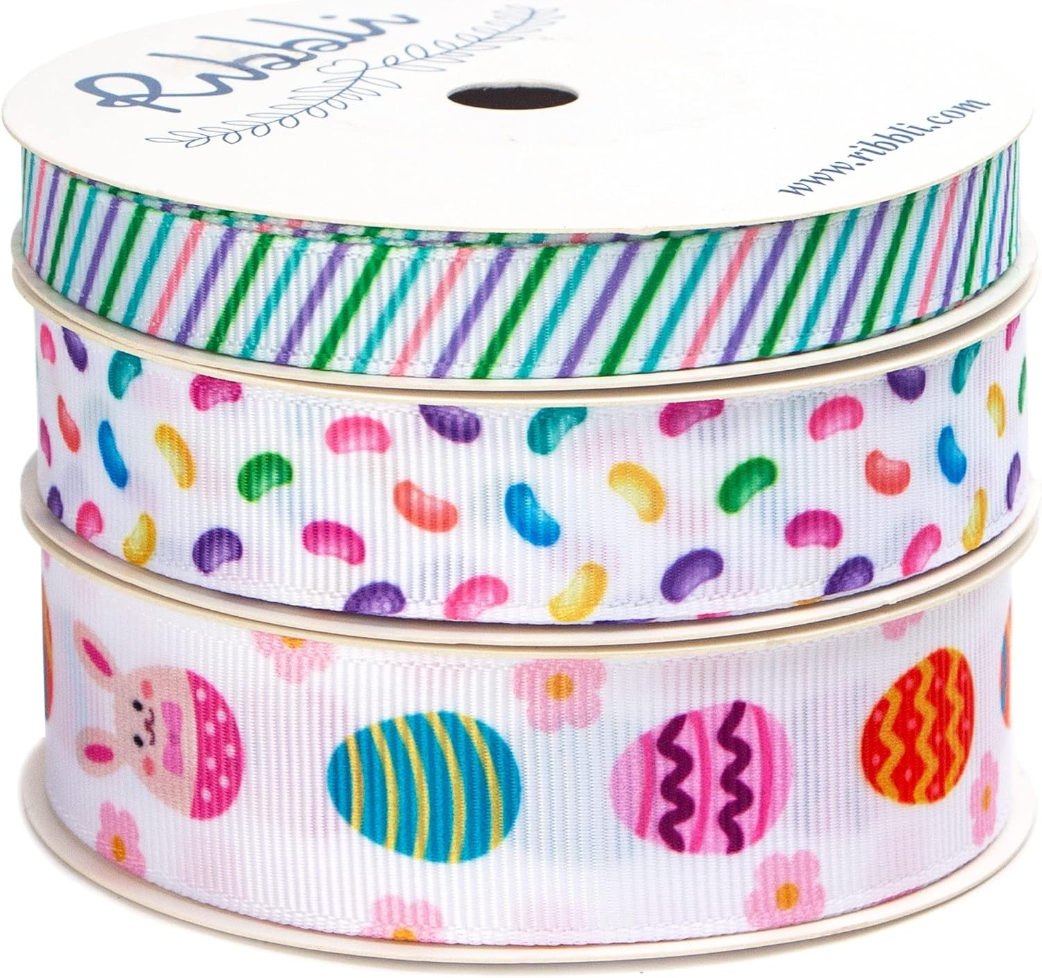 Ribbli 3 Rolls Easter Grosgrain Ribbon,Easter Eggs & Bunny & Jelly Beans & Stripes Ribbon Use for Hair Bows,Wreath, Gift Wrapping,Party Decoration,3/8-Inch 5/8-Inch 7/8-Inch,Total 30 Yards