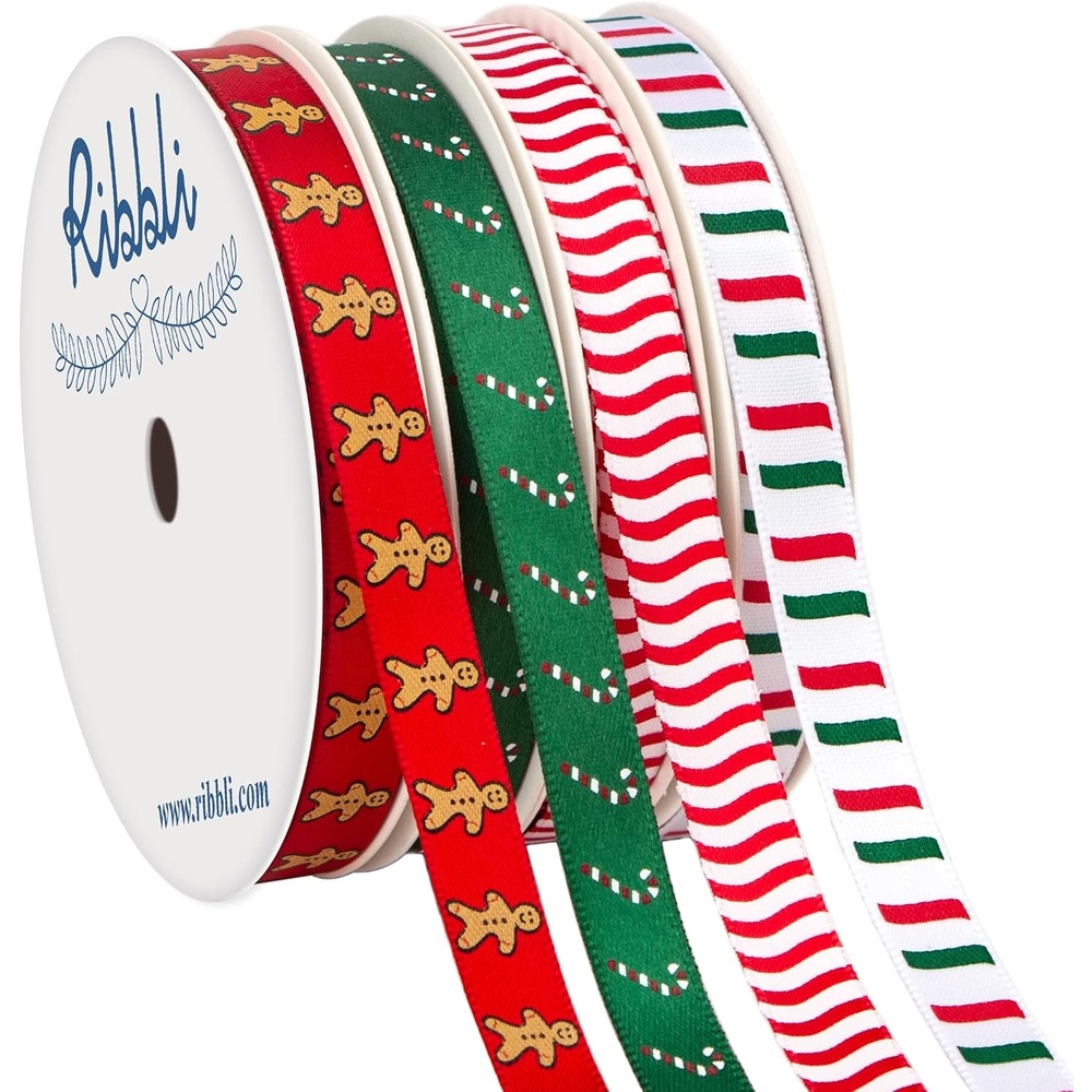 Ribbli 2 Rolls Christmas Ribbon,Red and Green Satin Ribbon with Gold Pattern,Use for Christmas Craft,Gift Wrapping,Home Decor,3/8 Inches Total 20 Yards,Red/Green/Gold(Red/Green/White)