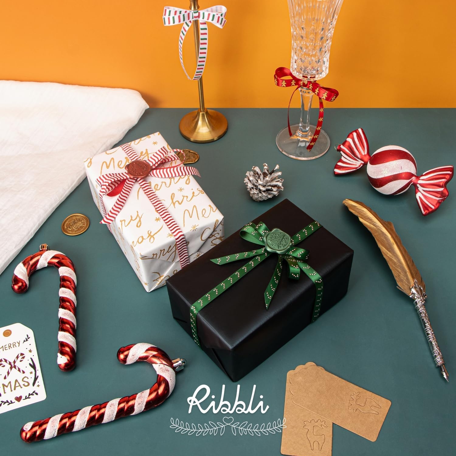 Ribbli 2 Rolls Christmas Ribbon,Red and Green Satin Ribbon with Gold Pattern,Use for Christmas Craft,Gift Wrapping,Home Decor,3/8 Inches Total 20 Yards,Red/Green/Gold(Red/Green/White)