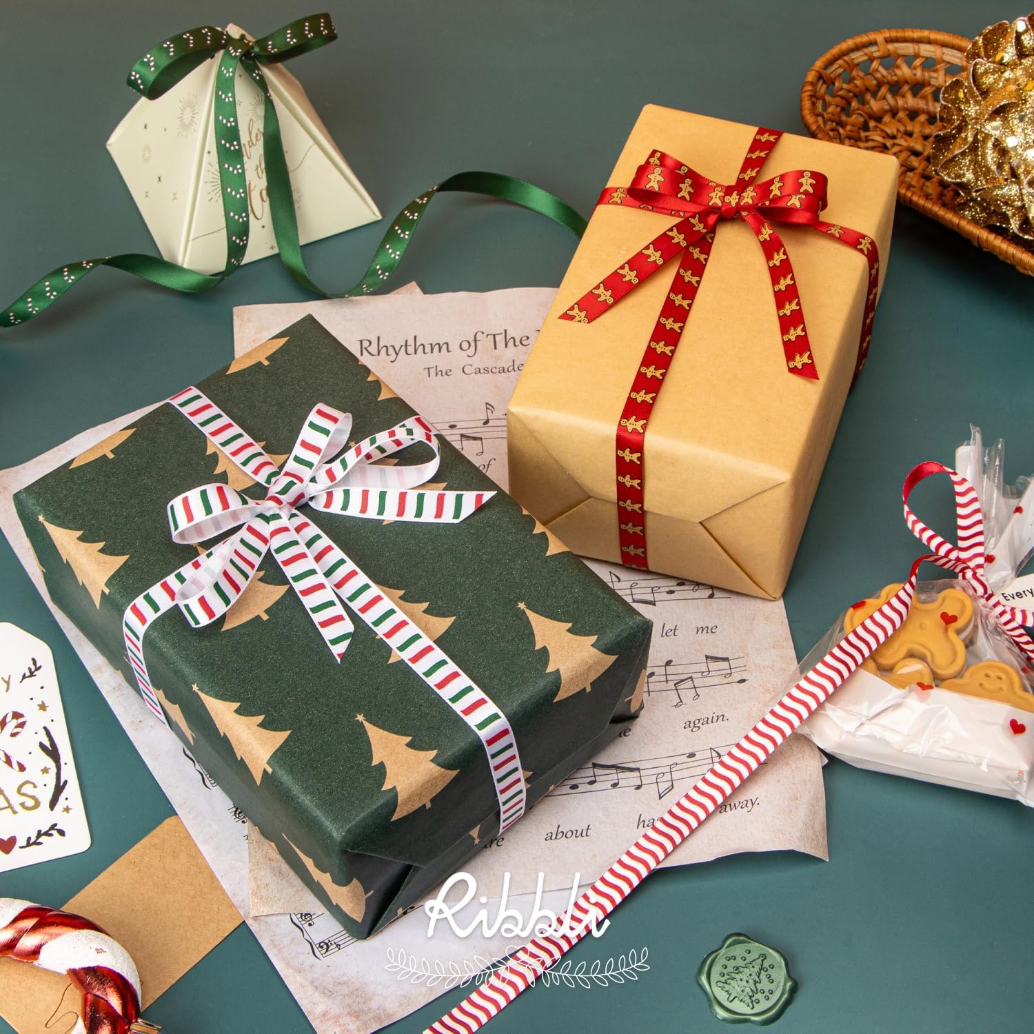 Ribbli 2 Rolls Christmas Ribbon,Red and Green Satin Ribbon with Gold Pattern,Use for Christmas Craft,Gift Wrapping,Home Decor,3/8 Inches Total 20 Yards,Red/Green/Gold(Red/Green/White)