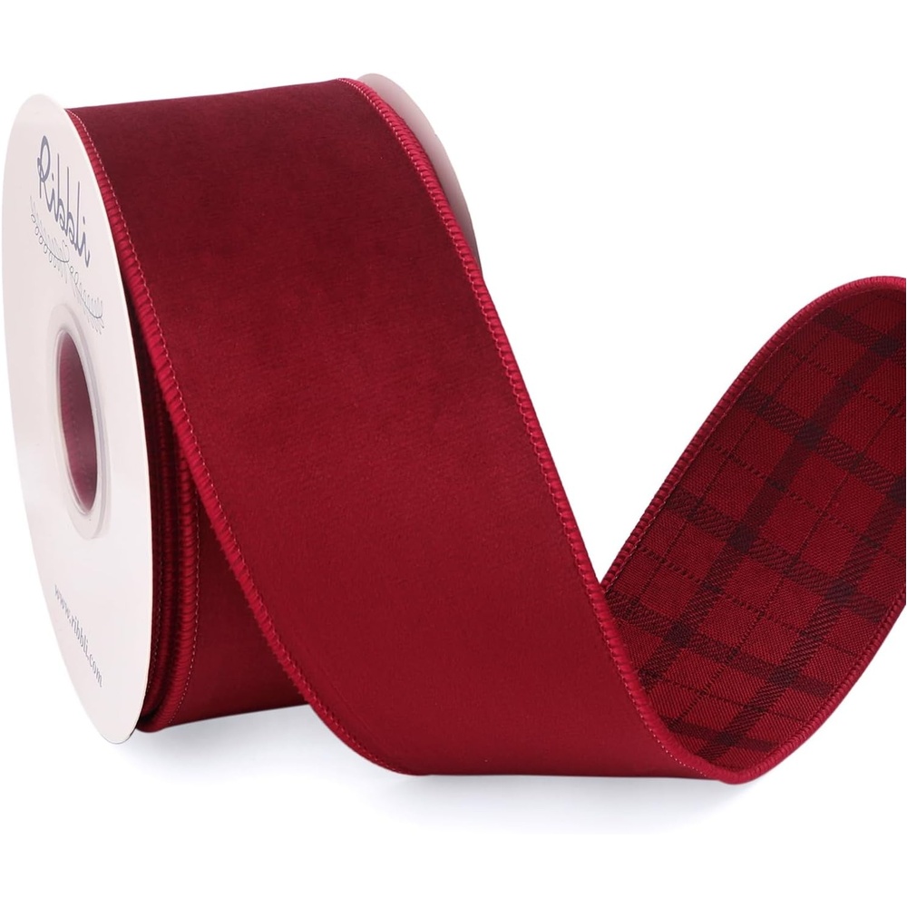 Ribbli Red Velvet Wired Ribbon with Metallic Plaid Reversible 2.5 Inch Christmas Ribbon for Gift Wrapping Christmas Tree Decoration Crafts Wreaths Supplies-Continuous 10 Yards(Dark Red)