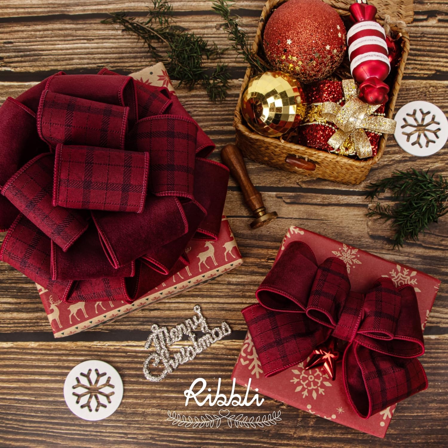 Ribbli Red Velvet Wired Ribbon with Metallic Plaid Reversible 2.5 Inch Christmas Ribbon for Gift Wrapping Christmas Tree Decoration Crafts Wreaths Supplies-Continuous 10 Yards(Dark Red)