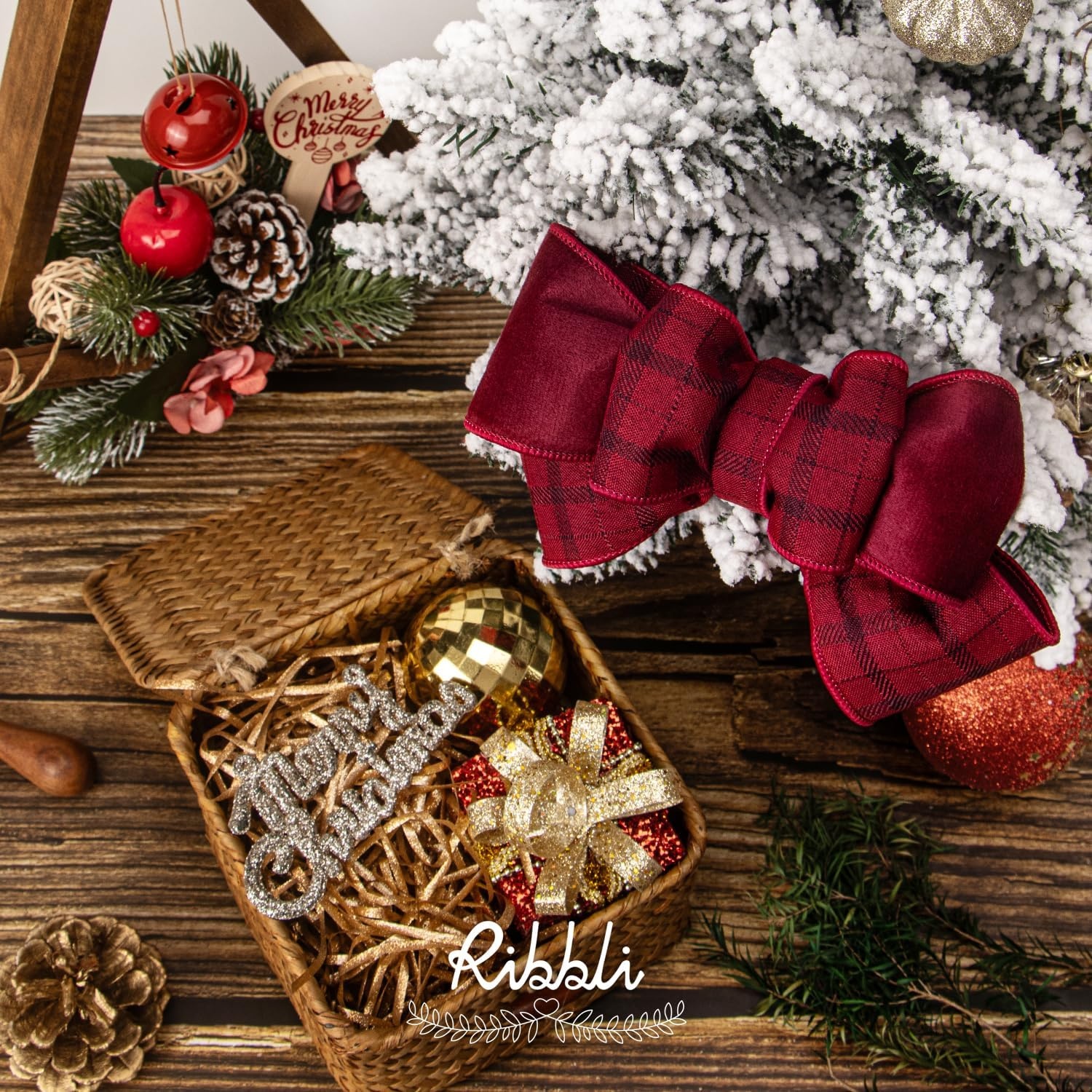 Ribbli Red Velvet Wired Ribbon with Metallic Plaid Reversible 2.5 Inch Christmas Ribbon for Gift Wrapping Christmas Tree Decoration Crafts Wreaths Supplies-Continuous 10 Yards(Dark Red)
