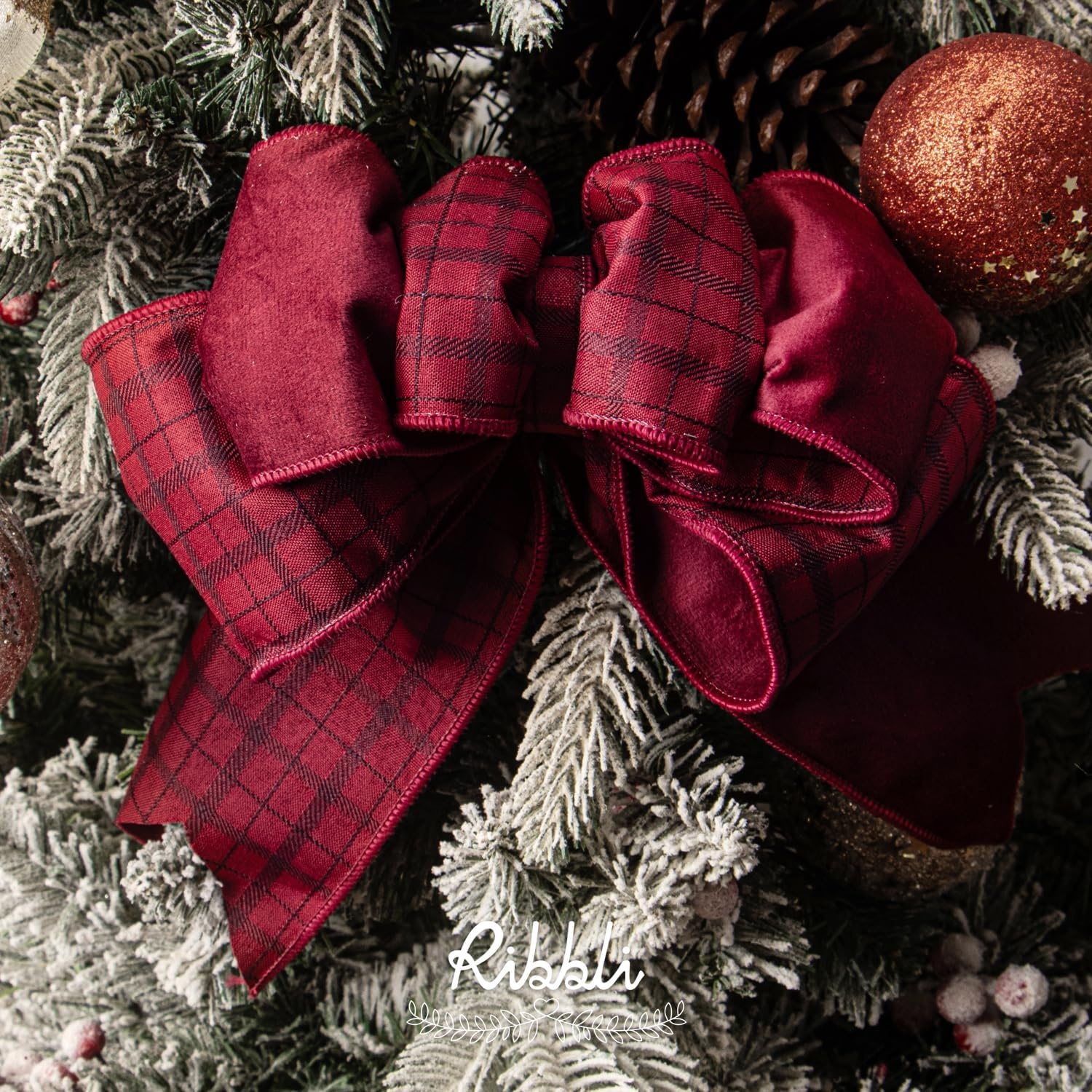 Ribbli Red Velvet Wired Ribbon with Metallic Plaid Reversible 2.5 Inch Christmas Ribbon for Gift Wrapping Christmas Tree Decoration Crafts Wreaths Supplies-Continuous 10 Yards(Dark Red)