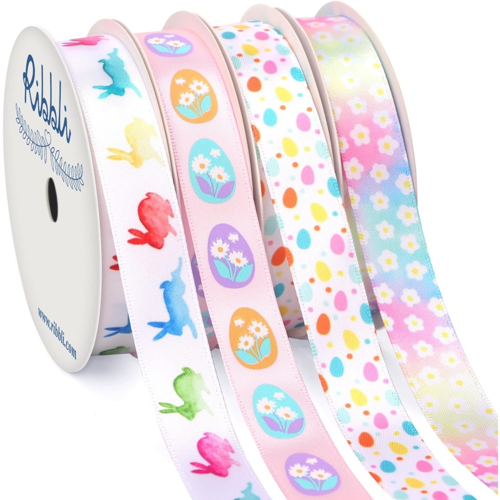 Ribbli 4 Rolls Easter Ribbon – Multicolor, Polyester, 10 Yards Each, 120 Feet Total, Perfect for Gift Wrapping, Wreath, Easter Basket Decoration