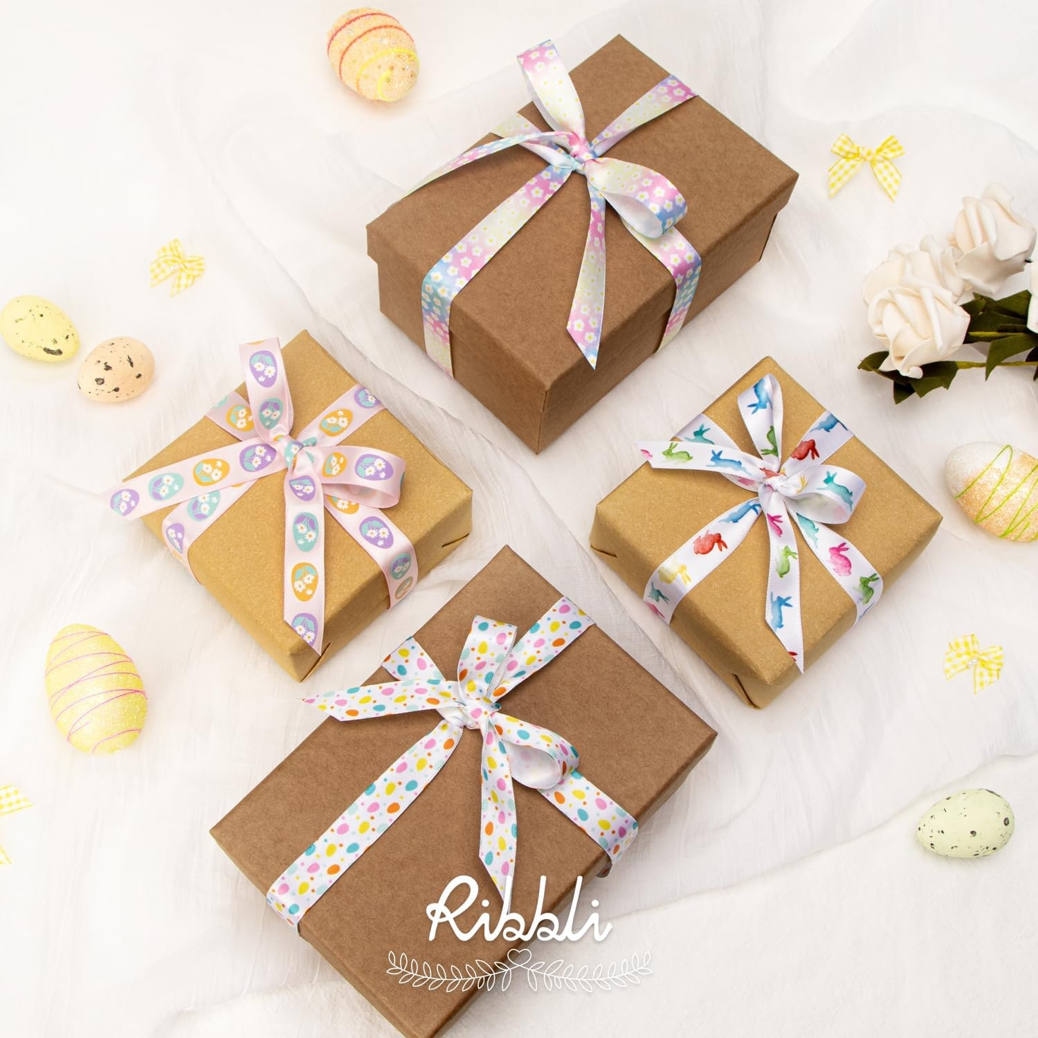 Ribbli 4 Rolls Easter Ribbon – Multicolor, Polyester, 10 Yards Each, 120 Feet Total, Perfect for Gift Wrapping, Wreath, Easter Basket Decoration