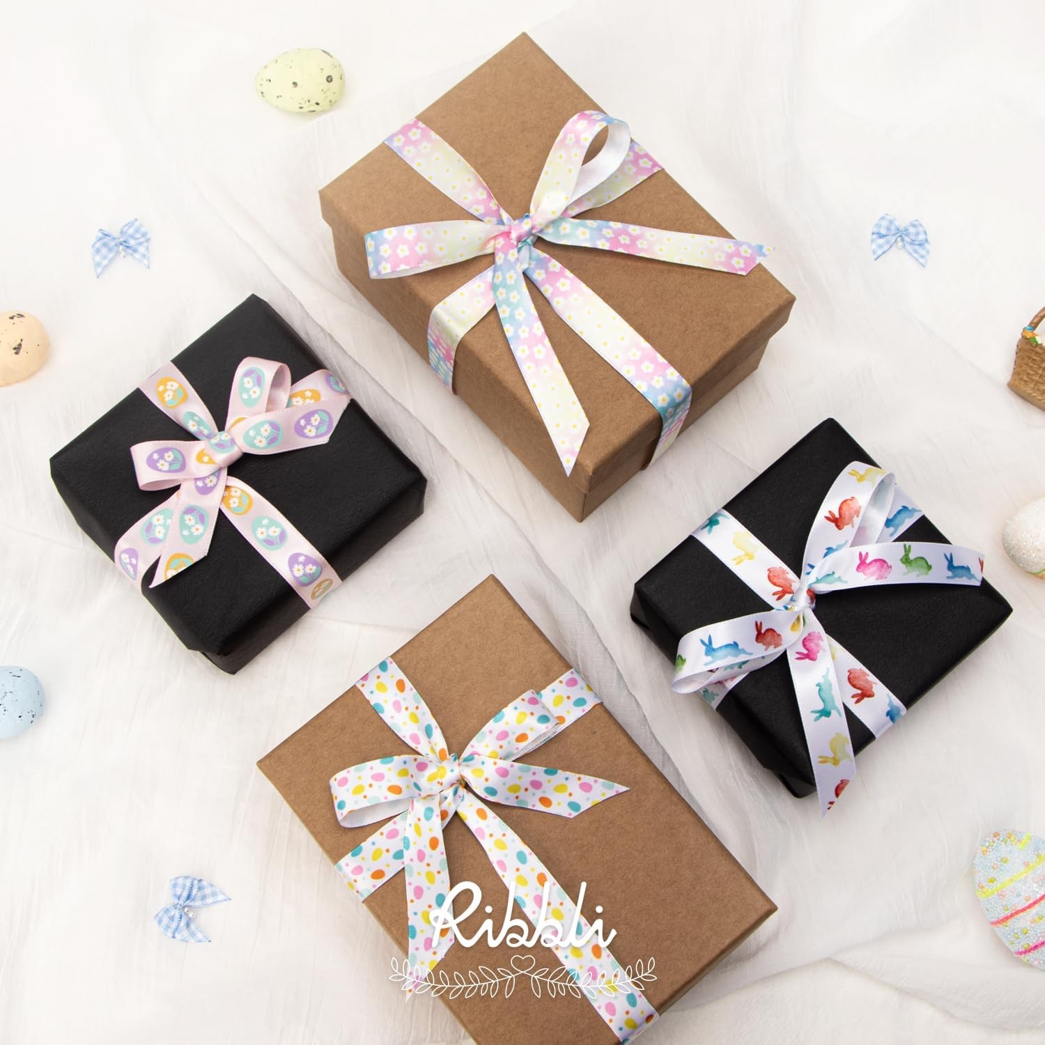 Ribbli 4 Rolls Easter Ribbon – Multicolor, Polyester, 10 Yards Each, 120 Feet Total, Perfect for Gift Wrapping, Wreath, Easter Basket Decoration