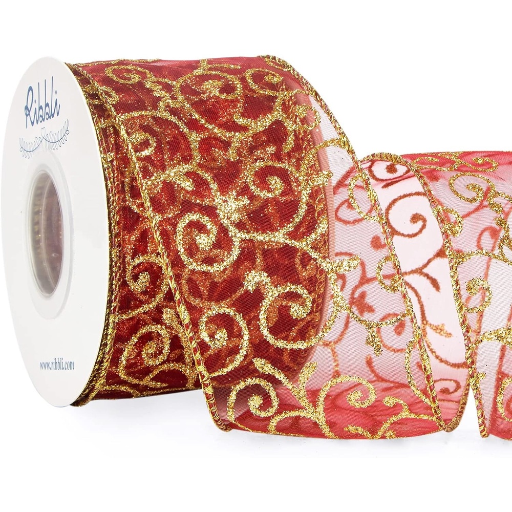Ribbli Swirl Glitter Wired Ribbon, Red Organza Sheer with Gold Glitter Swirl Pattern and Gold Metallic Edge,2-1/2Inch x 10Yards Christmas Ribbon for Tree Decoration(Dark Red/Gold)