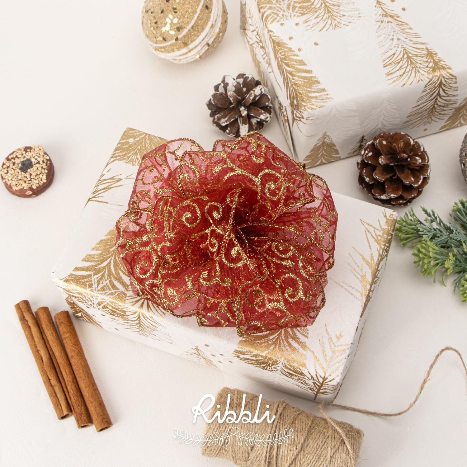 Ribbli Swirl Glitter Wired Ribbon, Red Organza Sheer with Gold Glitter Swirl Pattern and Gold Metallic Edge,2-1/2Inch x 10Yards Christmas Ribbon for Tree Decoration(Dark Red/Gold)