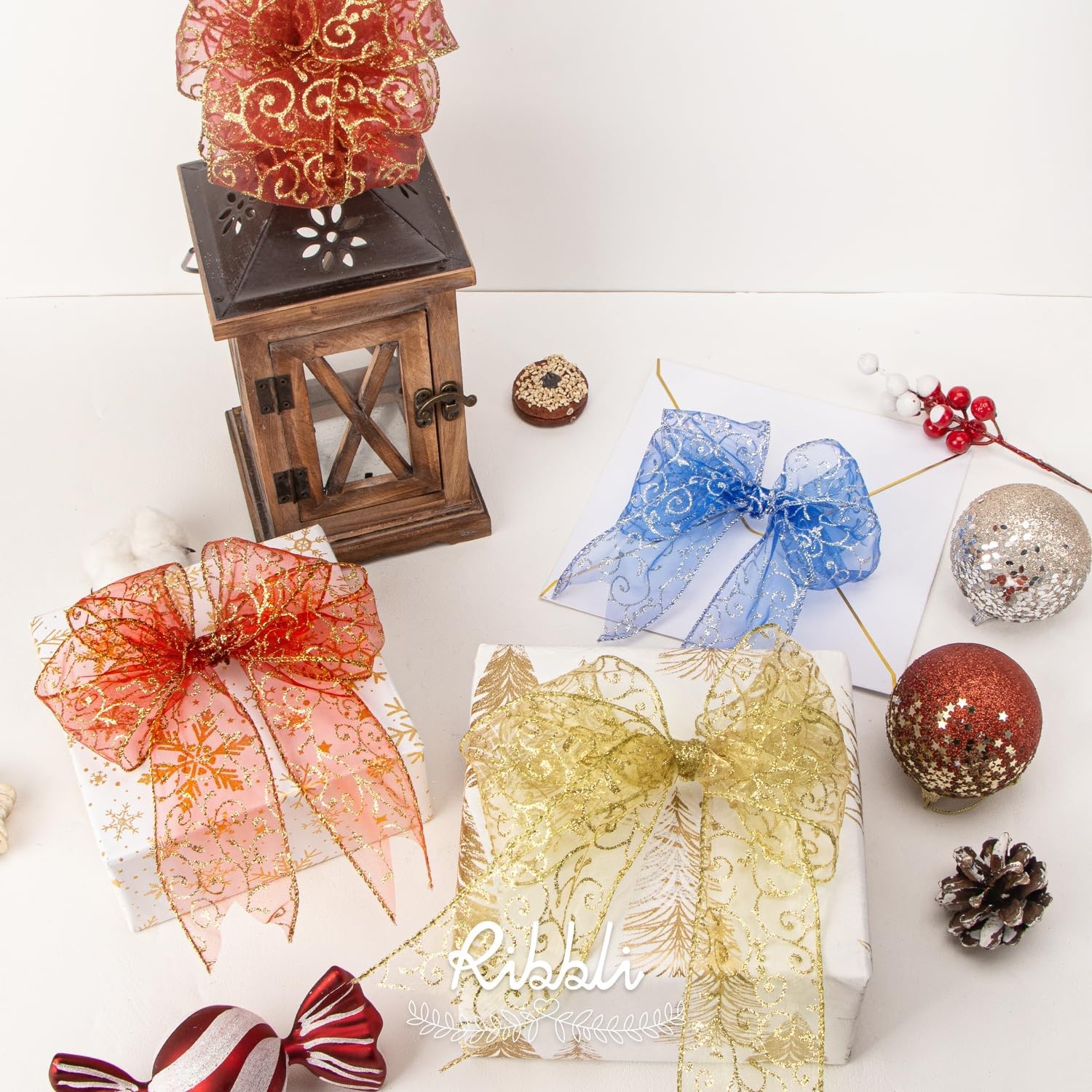Ribbli Swirl Glitter Wired Ribbon, Red Organza Sheer with Gold Glitter Swirl Pattern and Gold Metallic Edge,2-1/2Inch x 10Yards Christmas Ribbon for Tree Decoration(Dark Red/Gold)