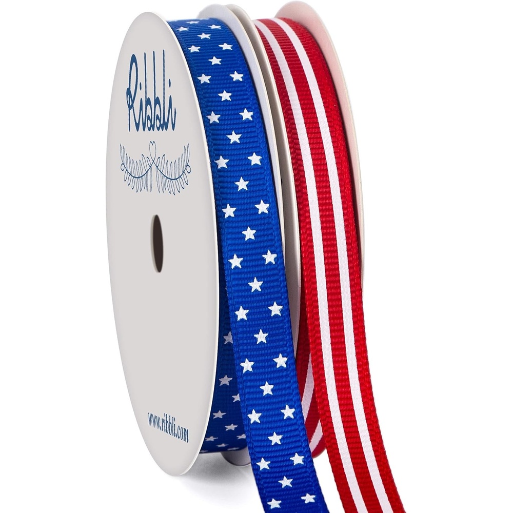 Ribbli 2 Rolls Patriotic Grosgrain Ribbon,3/8 Inches,Total 20 Yards,Red/White/Blue,Stars and Stripes Ribbon,Use for Memorial Day, Veterans Day, 4th of July, President’s Day, USA Decorations
