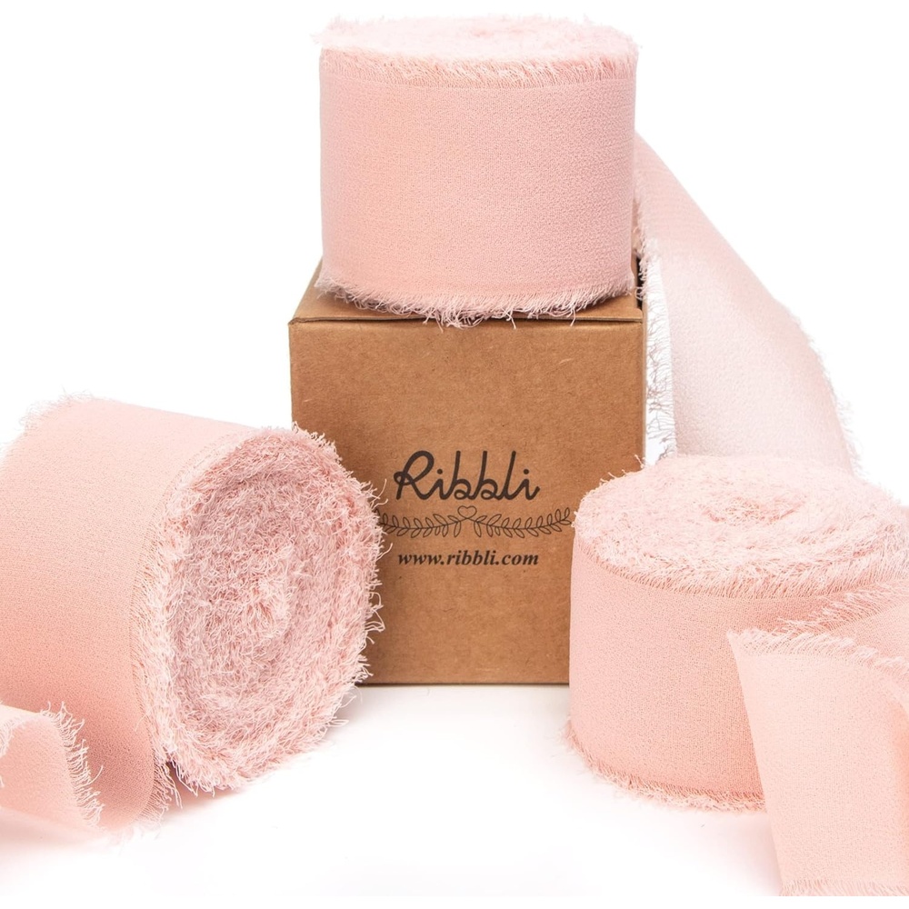 Ribbli Chiffon Silk Ribbon, 1.5 inch x 30 Yard, Champagne/Terracotta/Rust Red Fringe Chiffon Fall Ribbon for Wedding Invitations, Bridal Bouquets Wrapping, Flower Arrangement Decoration(Blush Pink)