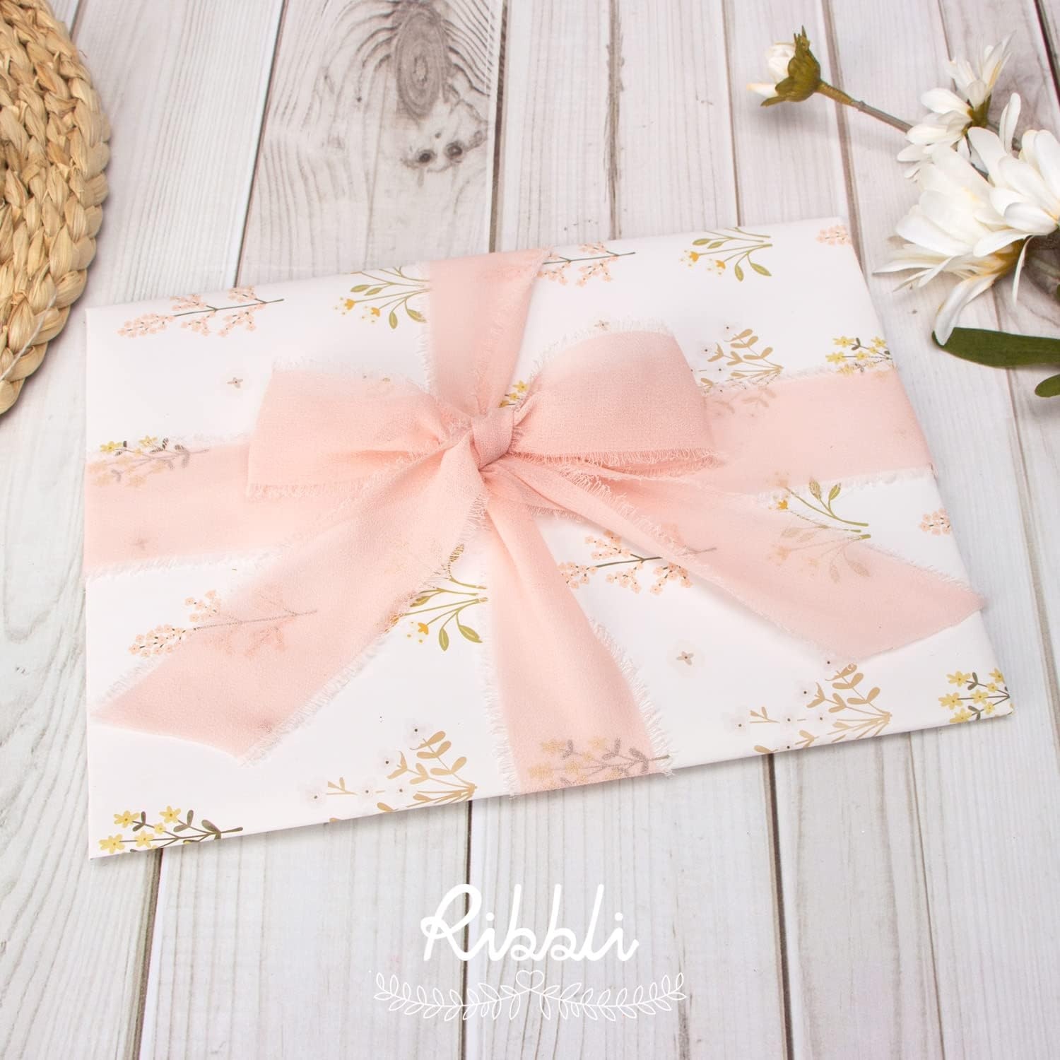 Ribbli Chiffon Silk Ribbon, 1.5 inch x 30 Yard, Champagne/Terracotta/Rust Red Fringe Chiffon Fall Ribbon for Wedding Invitations, Bridal Bouquets Wrapping, Flower Arrangement Decoration(Blush Pink)