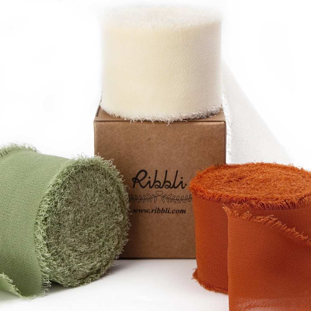 Ribbli Chiffon Silk Ribbon, 1.5 inch x 30 Yard, Champagne/Terracotta/Rust Red Fringe Chiffon Fall Ribbon for Wedding Invitations, Bridal Bouquets Wrapping, Flower Arrangement Decoration(Ivory/Dusty Sage/Terracotta)