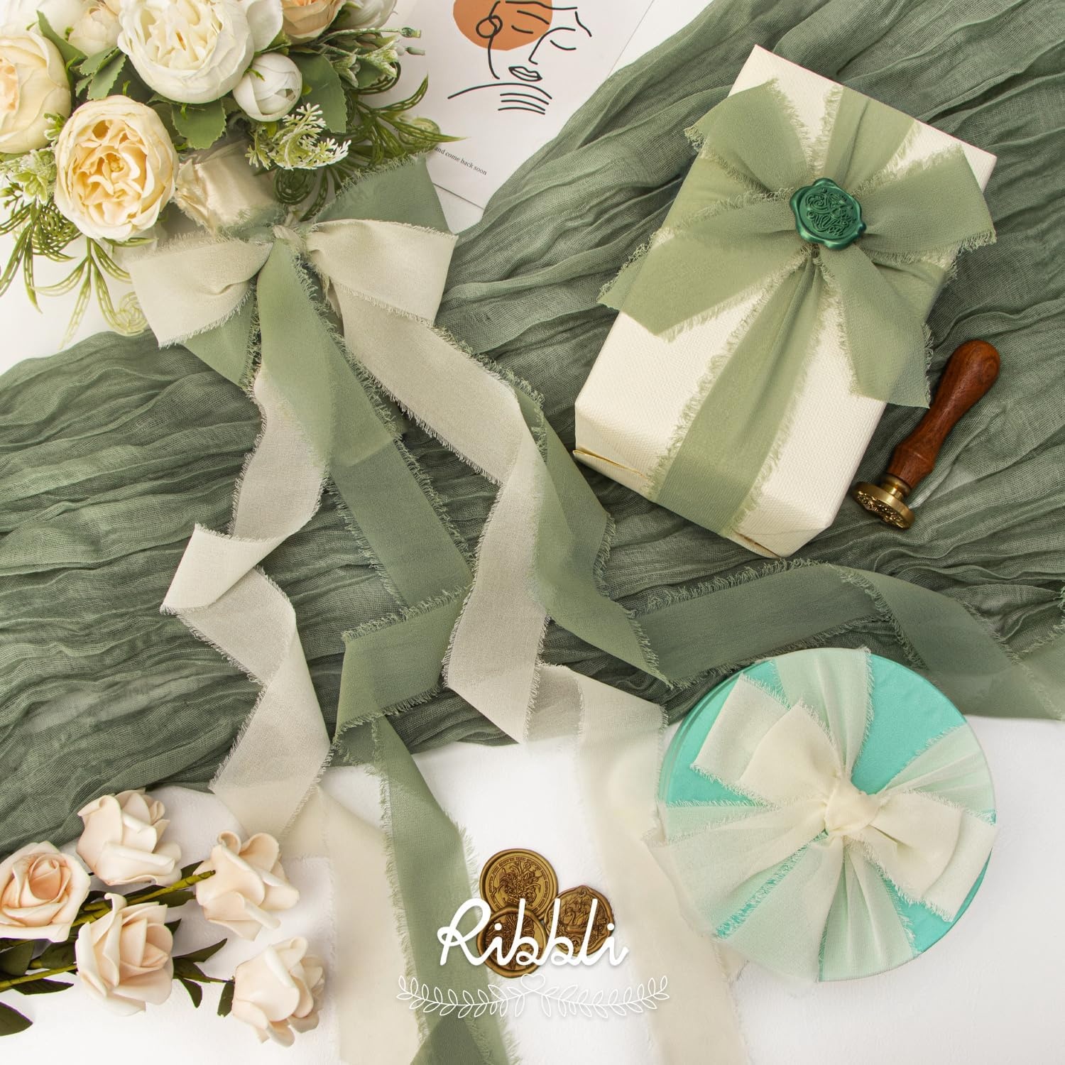 Ribbli Chiffon Silk Ribbon, 1.5 inch x 30 Yard, Champagne/Terracotta/Rust Red Fringe Chiffon Fall Ribbon for Wedding Invitations, Bridal Bouquets Wrapping, Flower Arrangement Decoration(Ivory/Dusty Sage/Terracotta)