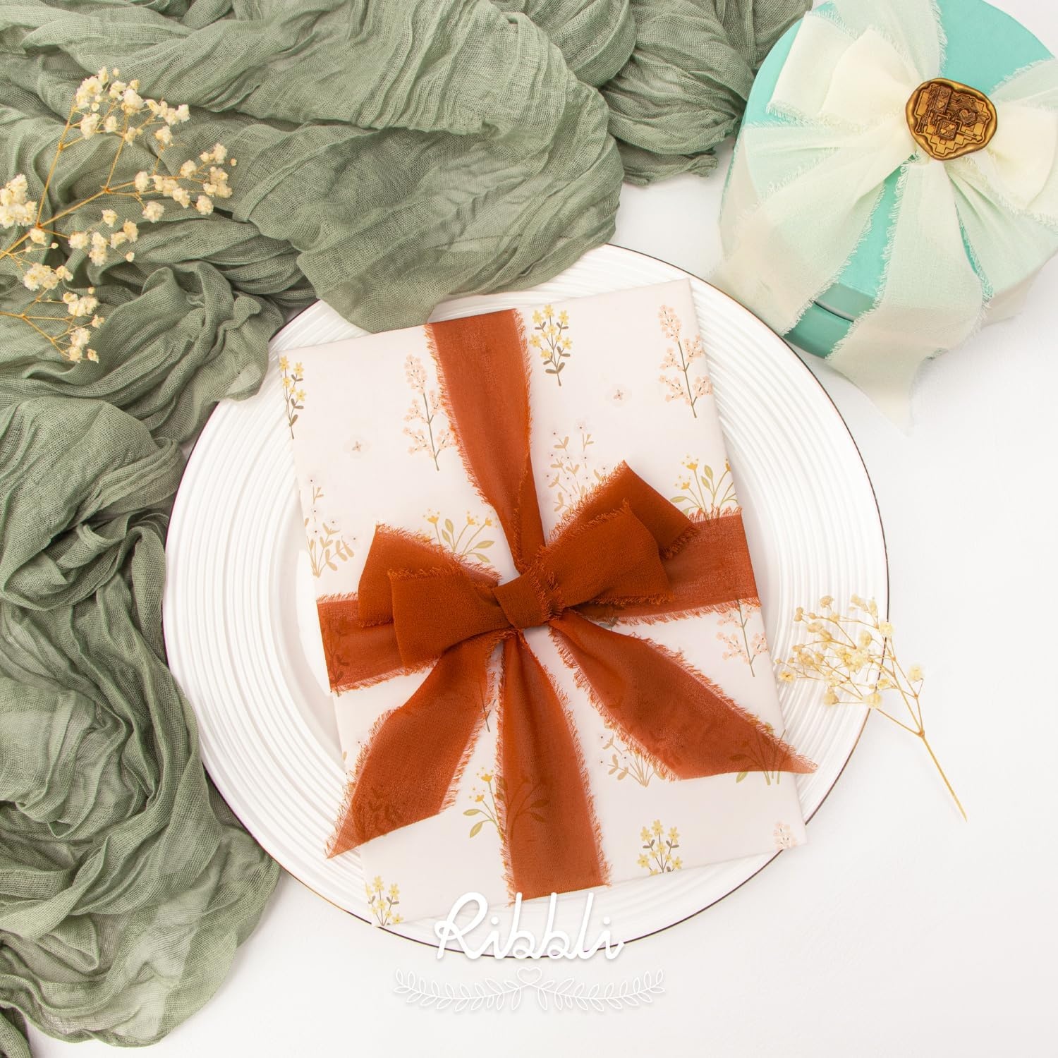 Ribbli Chiffon Silk Ribbon, 1.5 inch x 30 Yard, Champagne/Terracotta/Rust Red Fringe Chiffon Fall Ribbon for Wedding Invitations, Bridal Bouquets Wrapping, Flower Arrangement Decoration(Ivory/Dusty Sage/Terracotta)