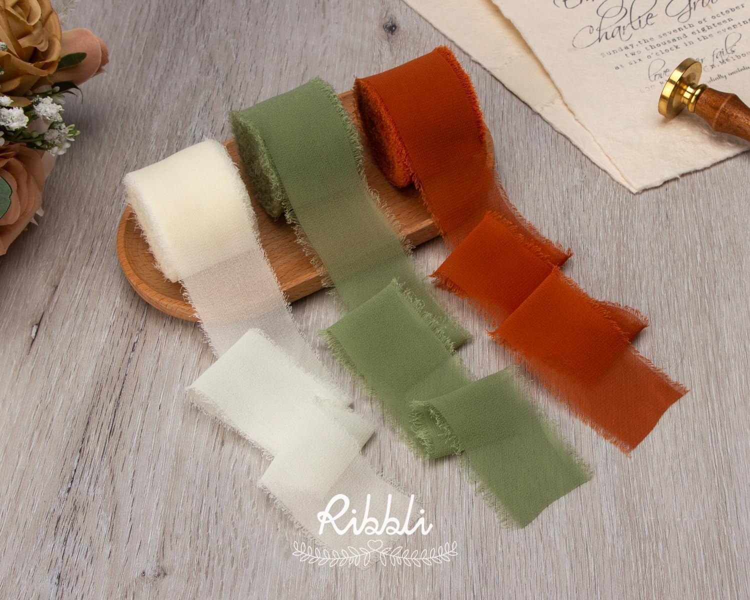 Ribbli Chiffon Silk Ribbon, 1.5 inch x 30 Yard, Champagne/Terracotta/Rust Red Fringe Chiffon Fall Ribbon for Wedding Invitations, Bridal Bouquets Wrapping, Flower Arrangement Decoration(Ivory/Dusty Sage/Terracotta)