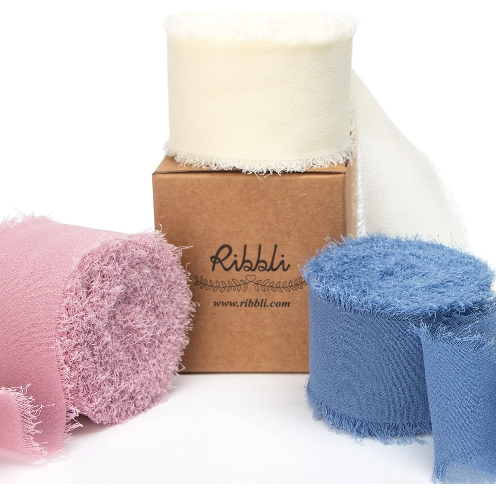 Ribbli Chiffon Silk Ribbon, 1.5 inch x 30 Yard, Champagne/Terracotta/Rust Red Fringe Chiffon Fall Ribbon for Wedding Invitations, Bridal Bouquets Wrapping, Flower Arrangement Decoration(Ivory/Dusty Rose/Dusty Blue)