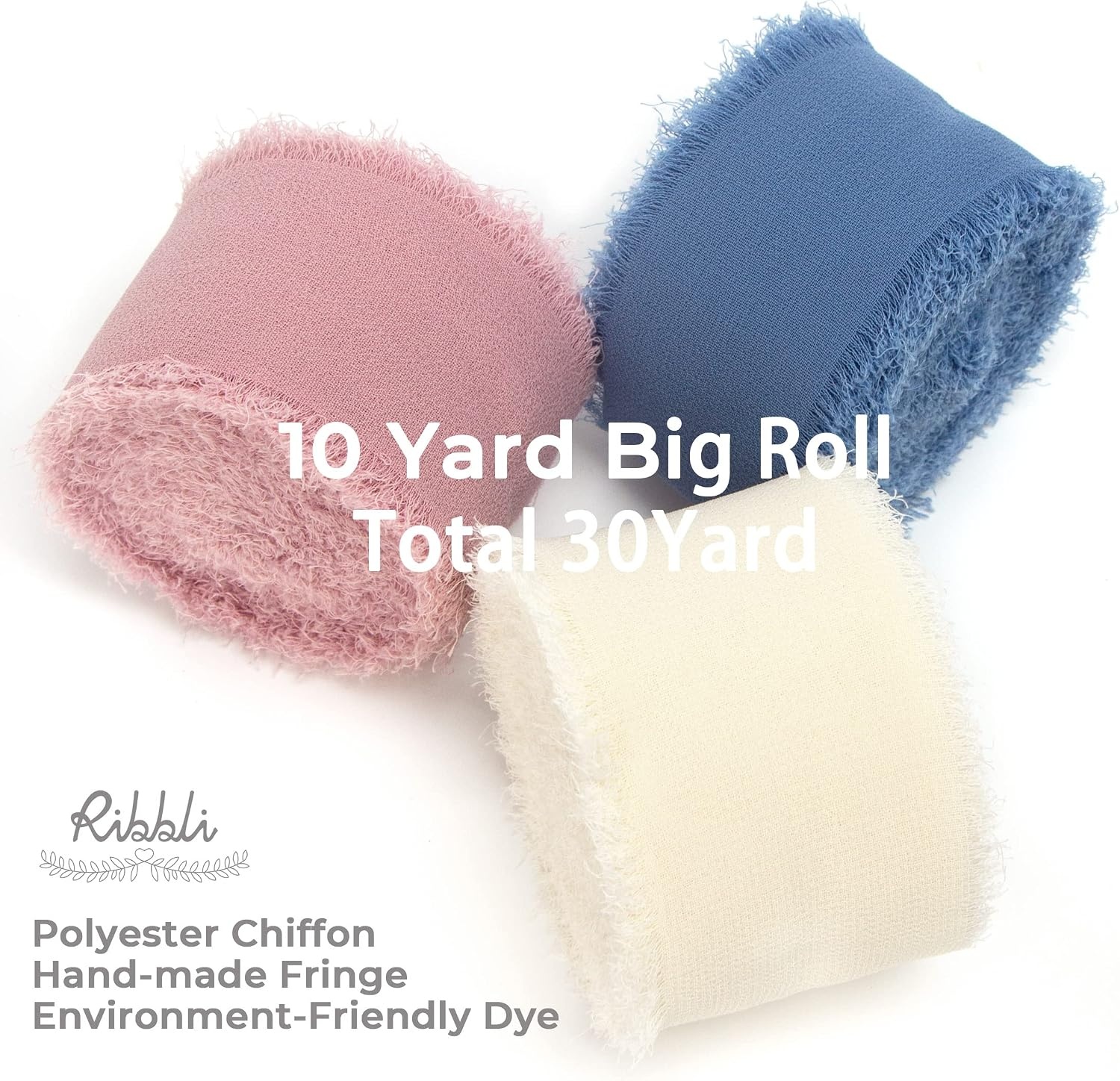 Ribbli Chiffon Silk Ribbon, 1.5 inch x 30 Yard, Champagne/Terracotta/Rust Red Fringe Chiffon Fall Ribbon for Wedding Invitations, Bridal Bouquets Wrapping, Flower Arrangement Decoration(Ivory/Dusty Rose/Dusty Blue)