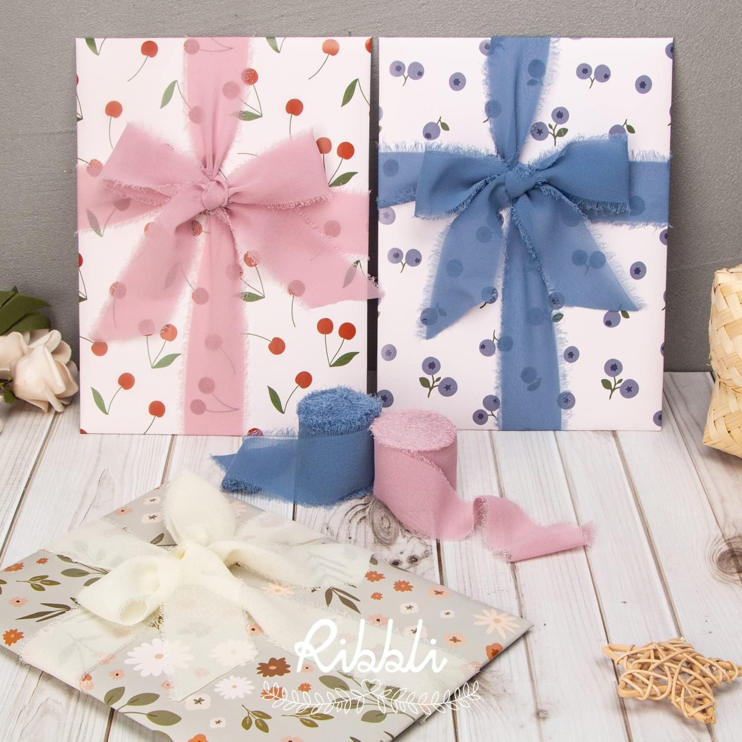 Ribbli Chiffon Silk Ribbon, 1.5 inch x 30 Yard, Champagne/Terracotta/Rust Red Fringe Chiffon Fall Ribbon for Wedding Invitations, Bridal Bouquets Wrapping, Flower Arrangement Decoration(Ivory/Dusty Rose/Dusty Blue)