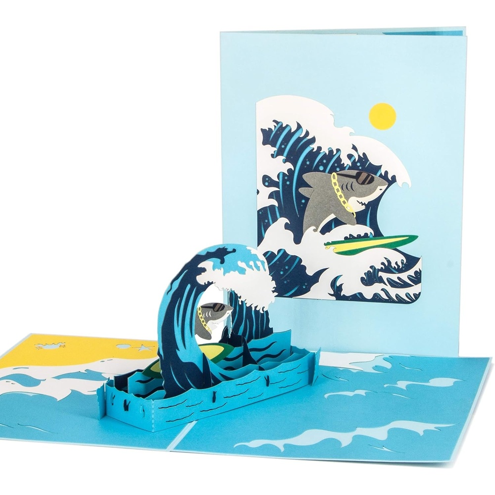 Ribbli Surfing Shark Pop Up Card for All Occasion, Birthday Cards, Fathers Day Card, Handmade 3D Sport Gift for Him Men Dad Husband Boyfriend Brother Boy Son Kid, with Envelope