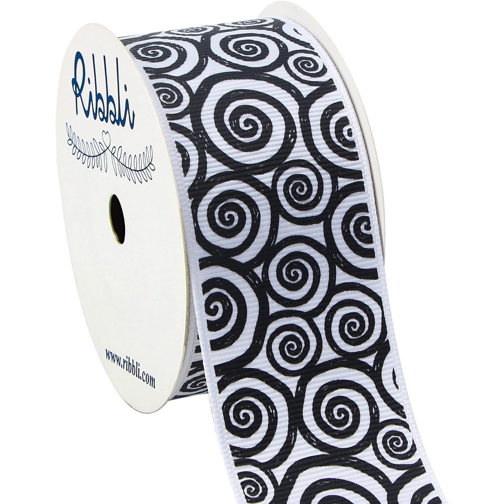 Ribbli Grosgrain Halloween Swirl Print Craft Ribbon,1-1/2 Inch,10-Yard Spool, Orange/Black,Use for Halloween Wrapping,Fall Decoration,All Crafting and Sewing(Black/White)