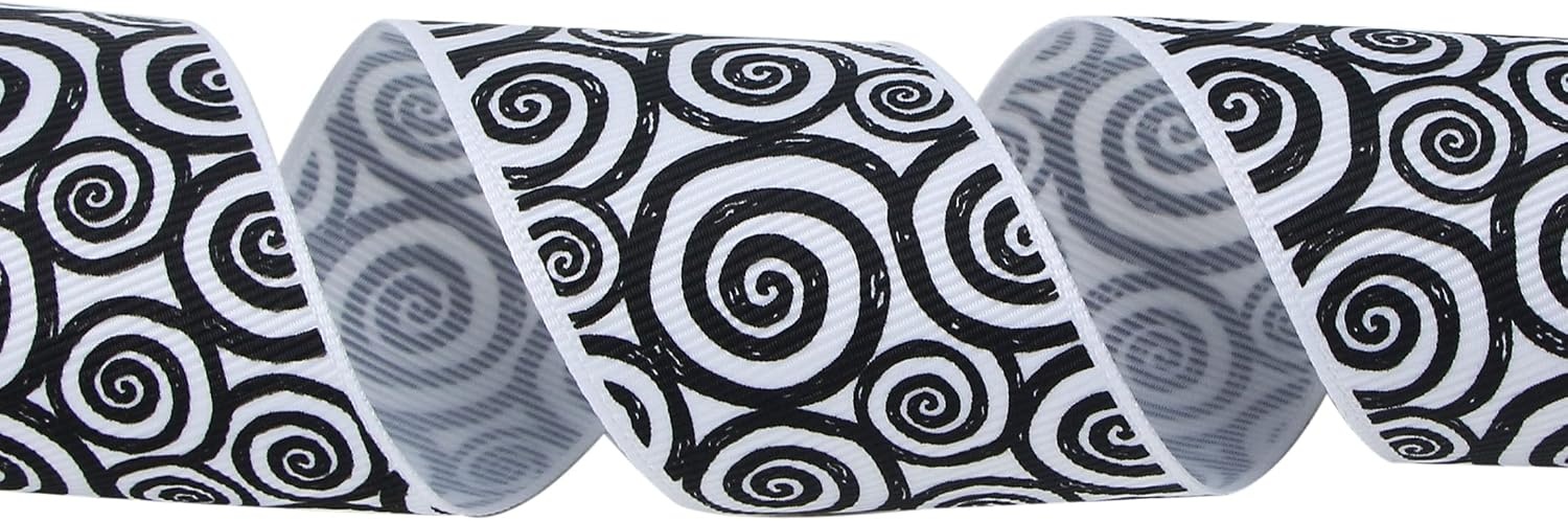 Ribbli Grosgrain Halloween Swirl Print Craft Ribbon,1-1/2 Inch,10-Yard Spool, Orange/Black,Use for Halloween Wrapping,Fall Decoration,All Crafting and Sewing(Black/White)