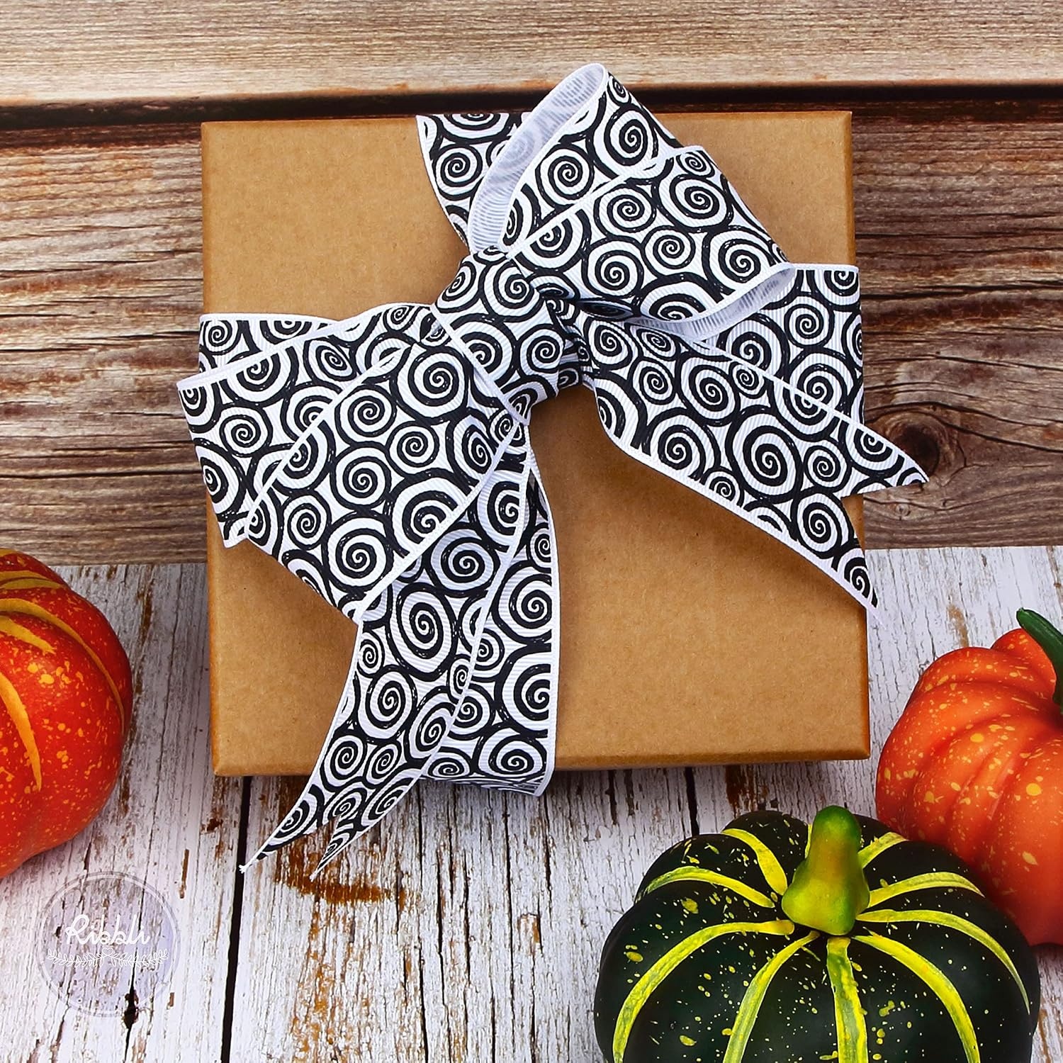 Ribbli Grosgrain Halloween Swirl Print Craft Ribbon,1-1/2 Inch,10-Yard Spool, Orange/Black,Use for Halloween Wrapping,Fall Decoration,All Crafting and Sewing(Black/White)