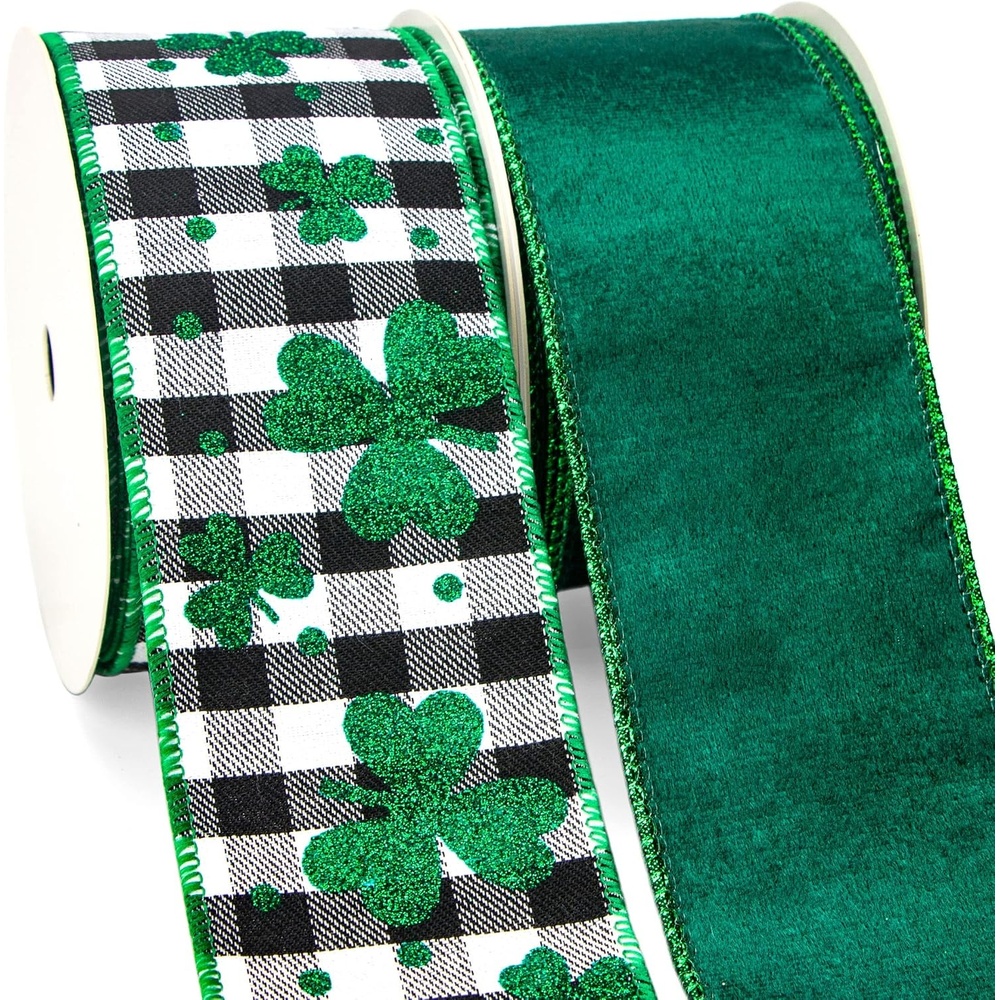 Ribbli St Patricks Day Ribbon Wired,2 Rolls-Glitter Shamrock Buffalo Plaid & Green Velvet, 2-1/2 Inch Total 60 Feets(20 Yards), Shamrock Ribbon for Big Bow,Wreath Decoration