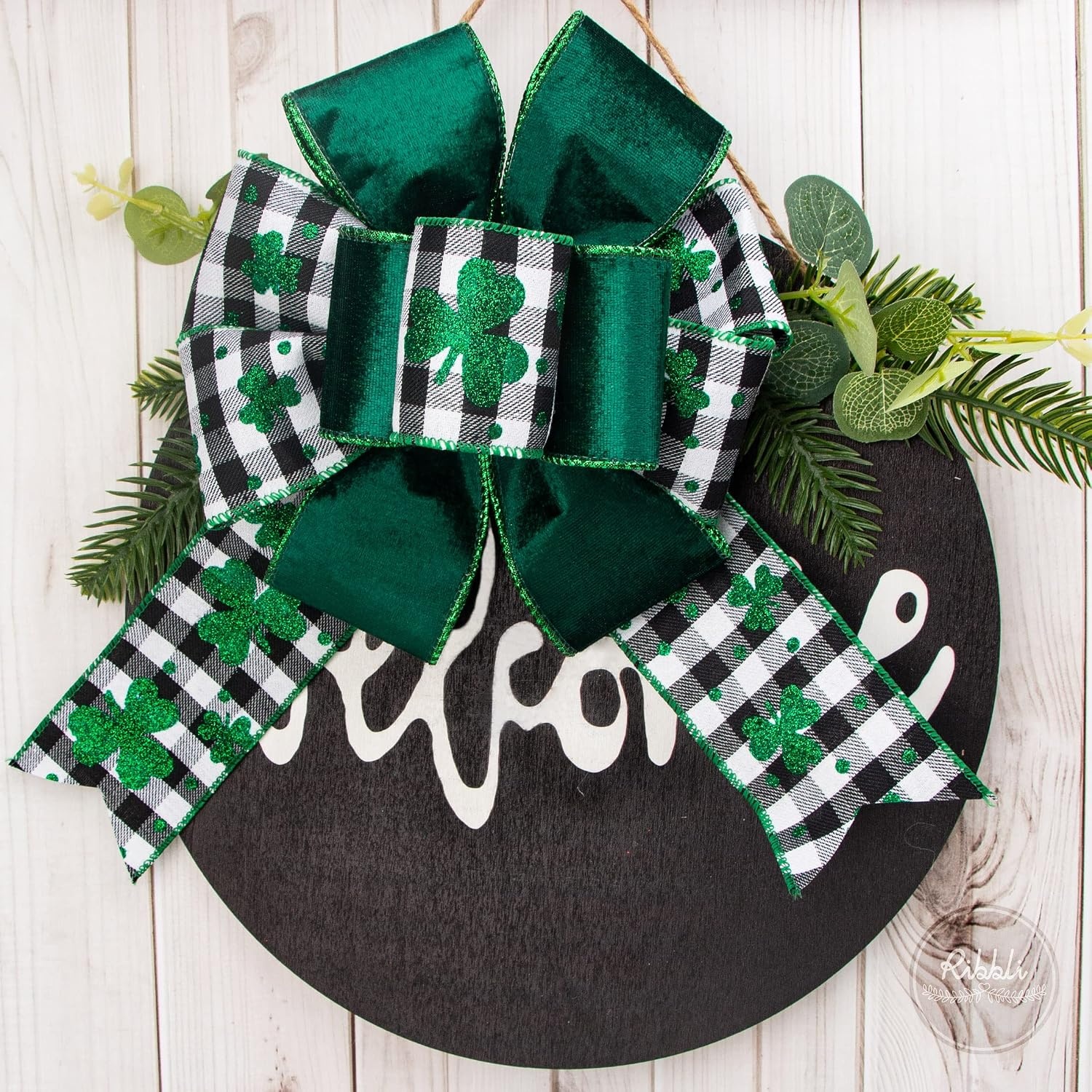 Ribbli St Patricks Day Ribbon Wired,2 Rolls-Glitter Shamrock Buffalo Plaid & Green Velvet, 2-1/2 Inch Total 60 Feets(20 Yards), Shamrock Ribbon for Big Bow,Wreath Decoration