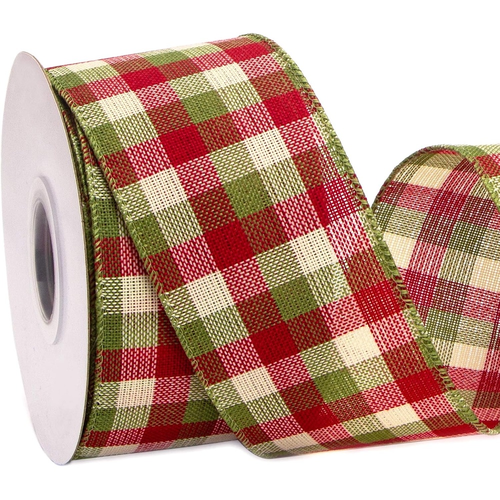 Ribbli Black and White Wired Ribbon,1-1/2 Inch x 10 Yard,Buffalo Plaid Ribbon,Burlap Ribbon for Big Bow,Wreath,Tree Decoration,Outdoor Decoration(Red/Moss)
