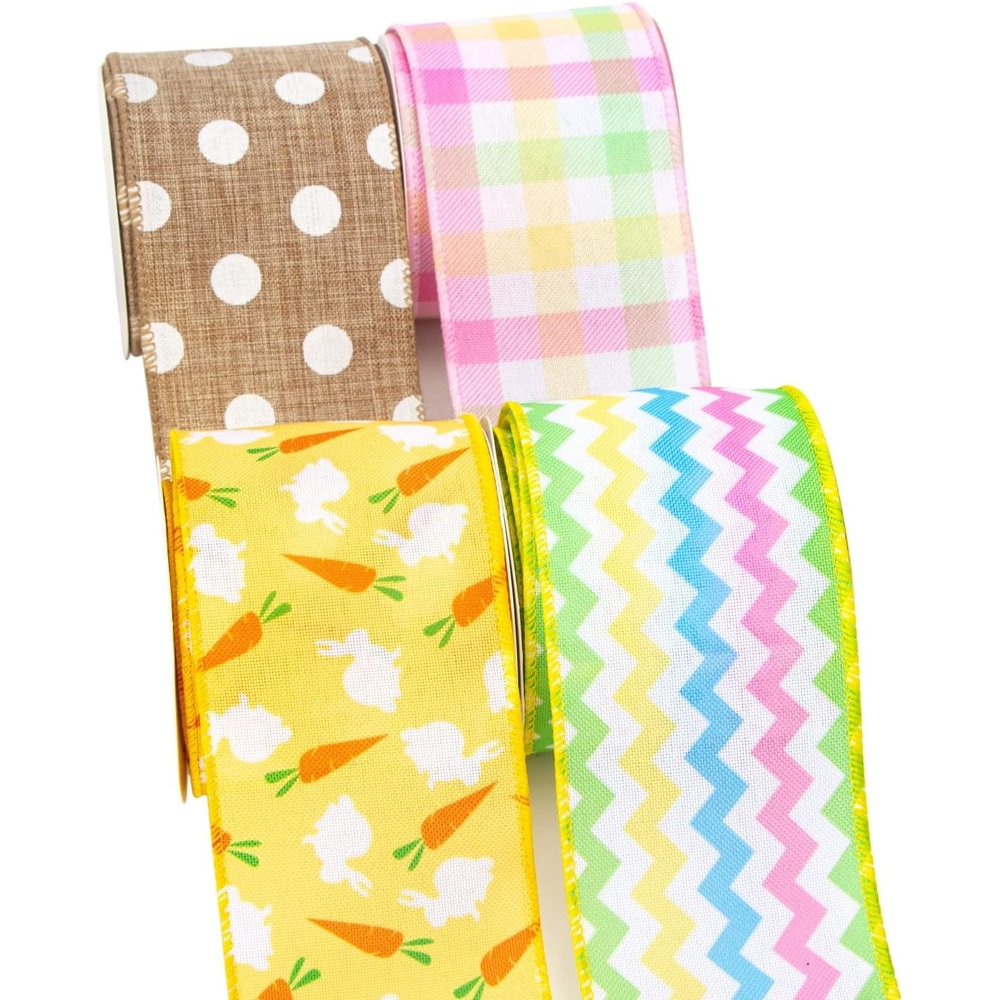 Ribbli Easter Ribbon Wired-Easter Bunny Carrot/Chevron/Dot/Plaid Burlap Ribbon 2-1/2 Inch Total 60 Feets(20 Yards) 4 Rolls Spring Ribbon for Crafts Wreaths Wrapping Outdoor Decor