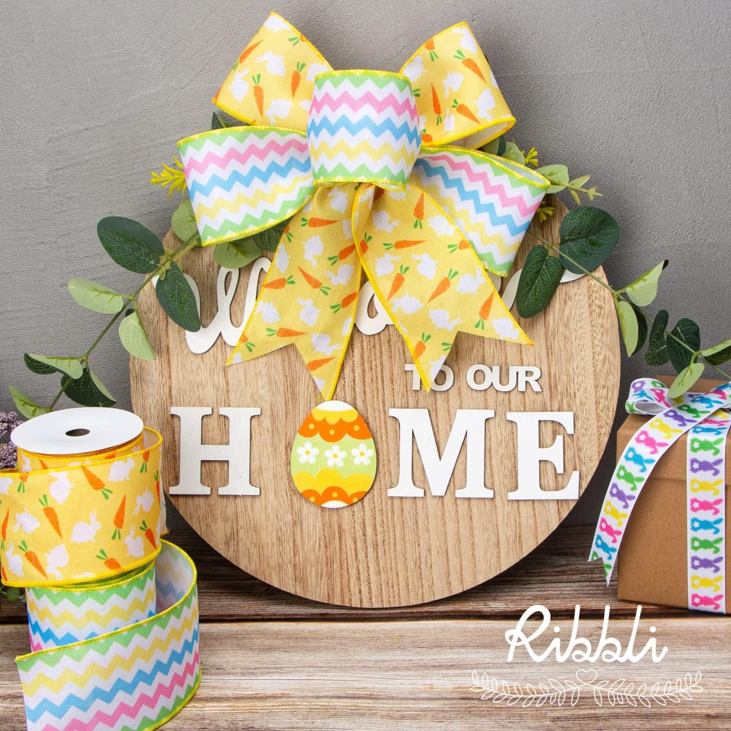 Ribbli Easter Ribbon Wired-Easter Bunny Carrot/Chevron/Dot/Plaid Burlap Ribbon 2-1/2 Inch Total 60 Feets(20 Yards) 4 Rolls Spring Ribbon for Crafts Wreaths Wrapping Outdoor Decor