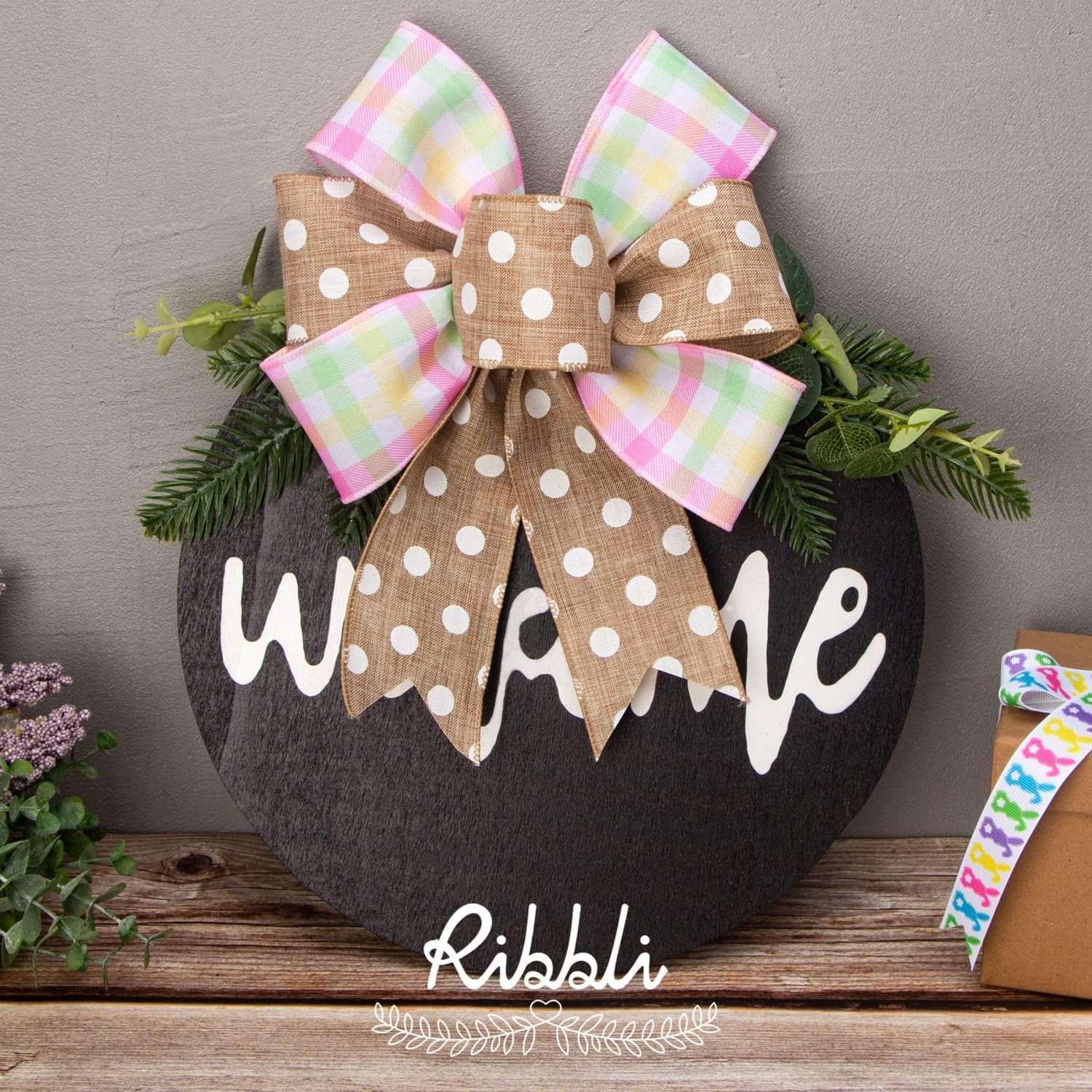 Ribbli Easter Ribbon Wired-Easter Bunny Carrot/Chevron/Dot/Plaid Burlap Ribbon 2-1/2 Inch Total 60 Feets(20 Yards) 4 Rolls Spring Ribbon for Crafts Wreaths Wrapping Outdoor Decor