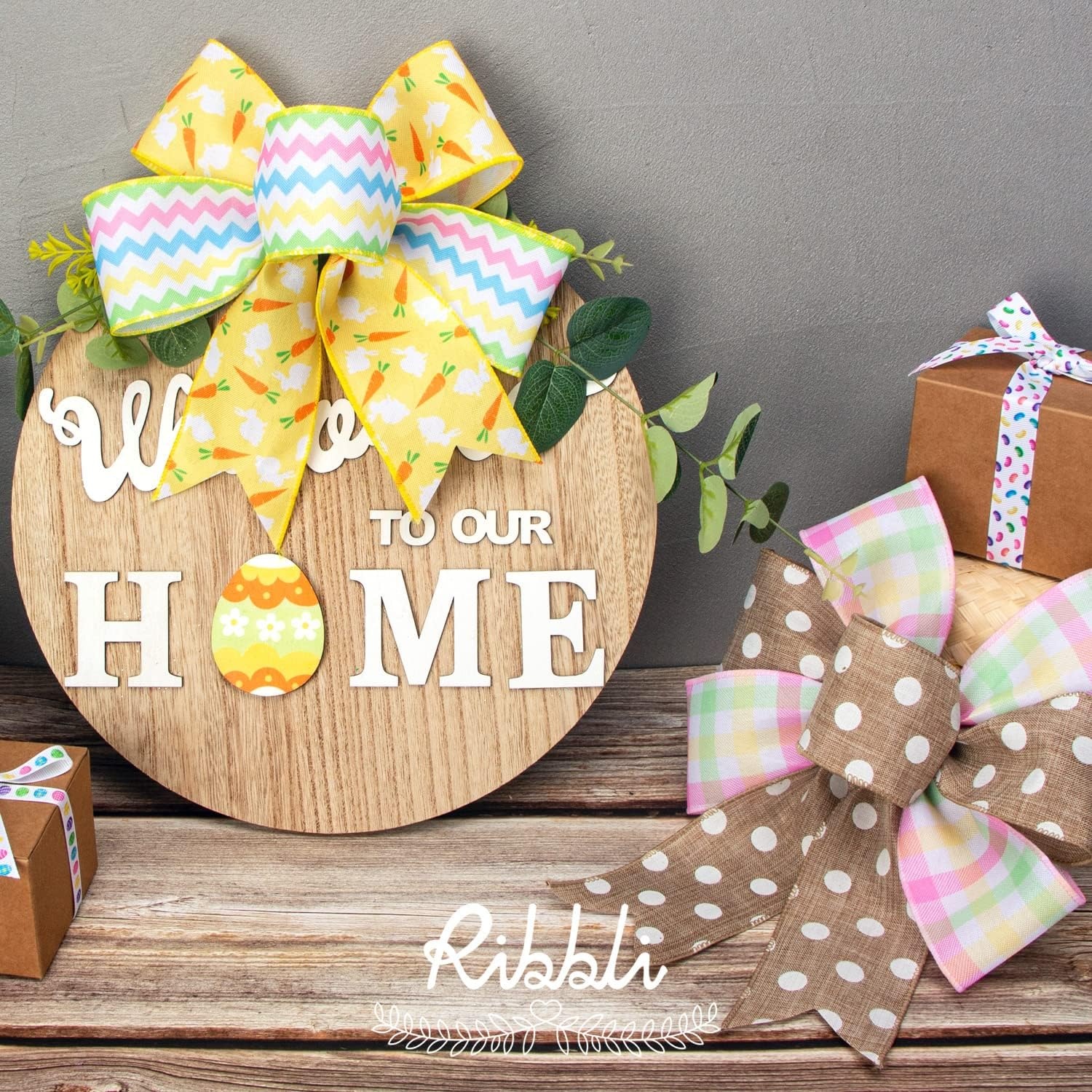 Ribbli Easter Ribbon Wired-Easter Bunny Carrot/Chevron/Dot/Plaid Burlap Ribbon 2-1/2 Inch Total 60 Feets(20 Yards) 4 Rolls Spring Ribbon for Crafts Wreaths Wrapping Outdoor Decor