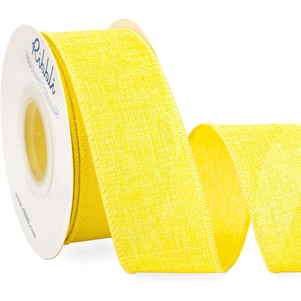 Ribbli Pink Linen Wired Ribbon, 1-1/2 Inch x 10 Yard, Pink Burlap Wired Ribbon for Easter Wreaths, Big Bows, Gift Wrapping, Christmas Tree Decoration(Light Yellow)