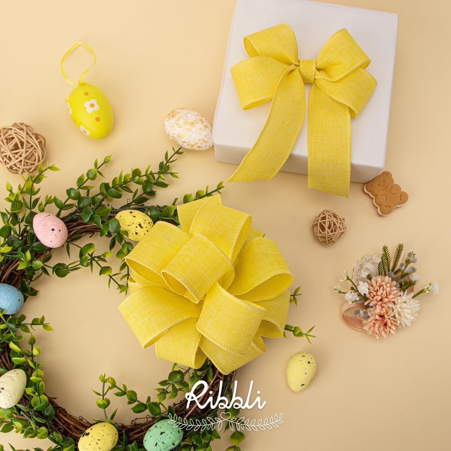 Ribbli Pink Linen Wired Ribbon, 1-1/2 Inch x 10 Yard, Pink Burlap Wired Ribbon for Easter Wreaths, Big Bows, Gift Wrapping, Christmas Tree Decoration(Light Yellow)