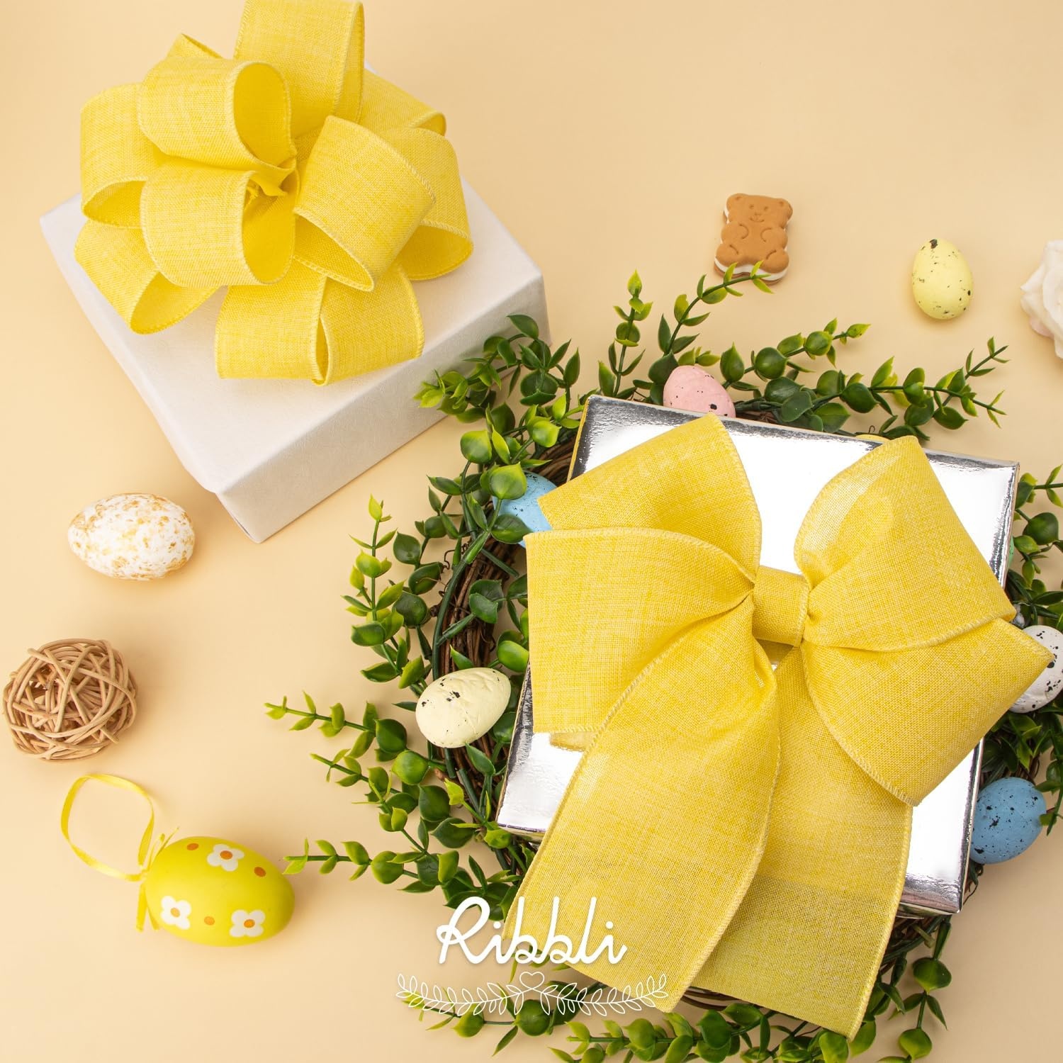 Ribbli Pink Linen Wired Ribbon, 1-1/2 Inch x 10 Yard, Pink Burlap Wired Ribbon for Easter Wreaths, Big Bows, Gift Wrapping, Christmas Tree Decoration(Light Yellow)