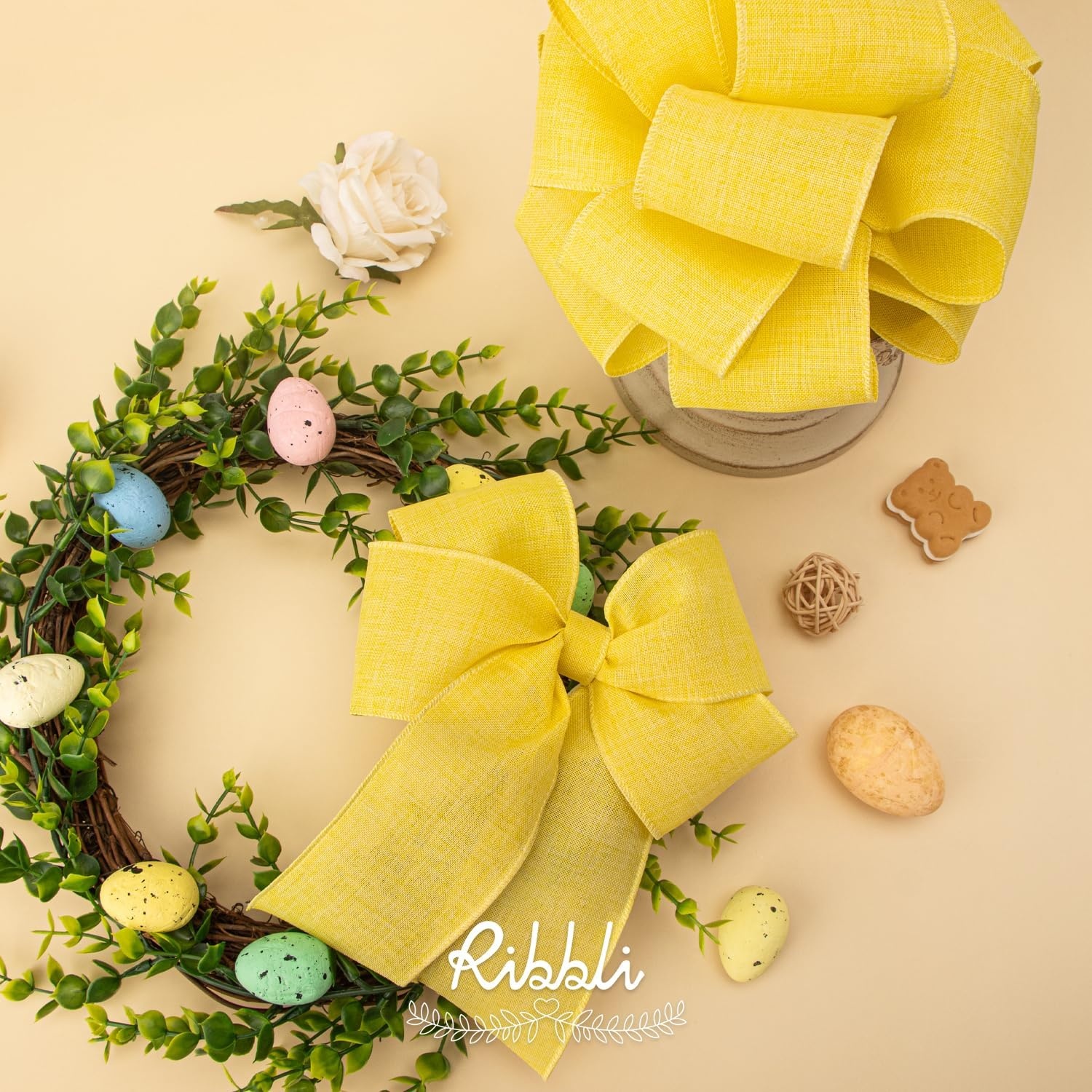 Ribbli Pink Linen Wired Ribbon, 1-1/2 Inch x 10 Yard, Pink Burlap Wired Ribbon for Easter Wreaths, Big Bows, Gift Wrapping, Christmas Tree Decoration(Light Yellow)