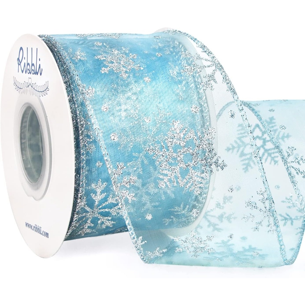 Ribbli Snowflake Glitter Wired Ribbon,Turquoise Blue Organza Sheer with Silver Glitter Snowflake Pattern and Silver Metallic Edge,2-1/2 Inch x 10 Yards Christmas Ribbon for Tree Decoration(Ice Blue/Silver)