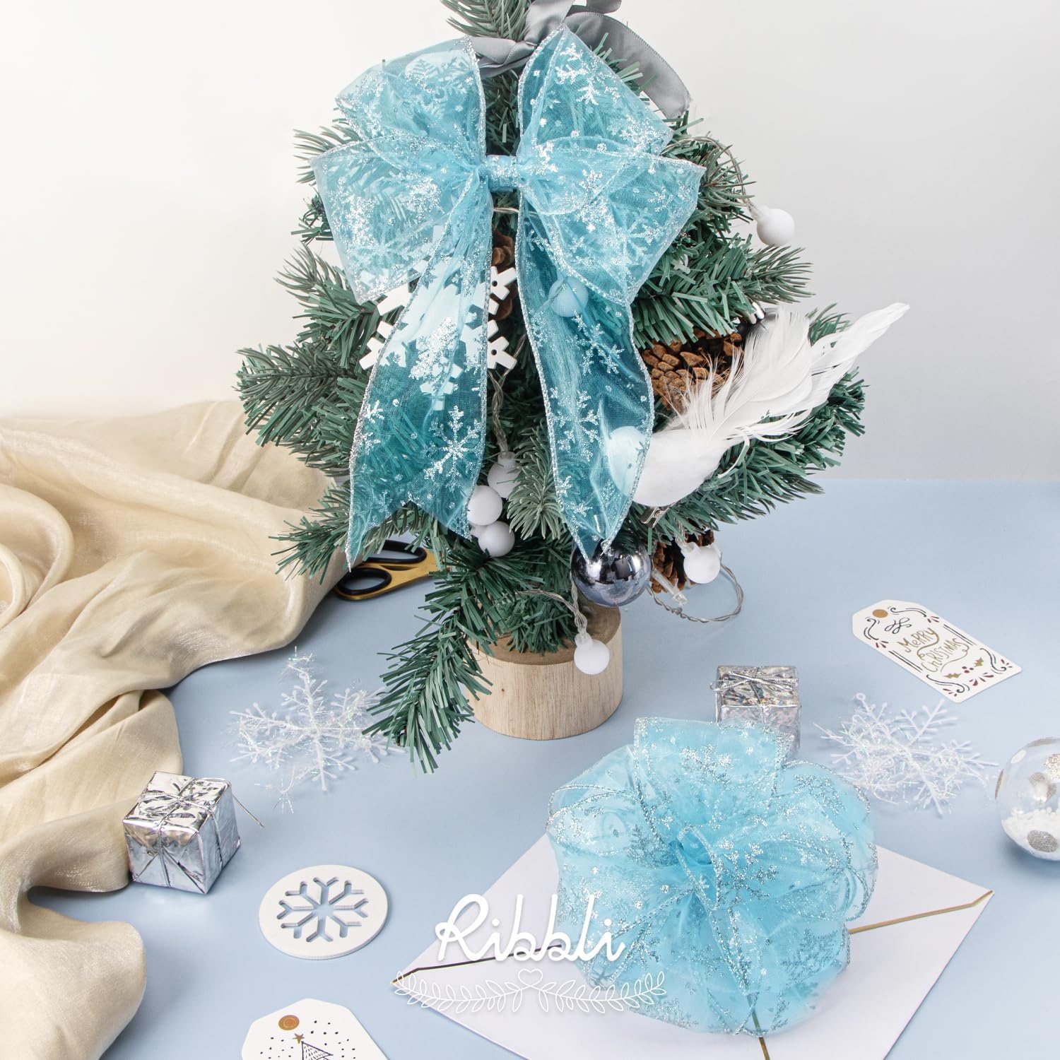 Ribbli Snowflake Glitter Wired Ribbon,Turquoise Blue Organza Sheer with Silver Glitter Snowflake Pattern and Silver Metallic Edge,2-1/2 Inch x 10 Yards Christmas Ribbon for Tree Decoration(Ice Blue/Silver)