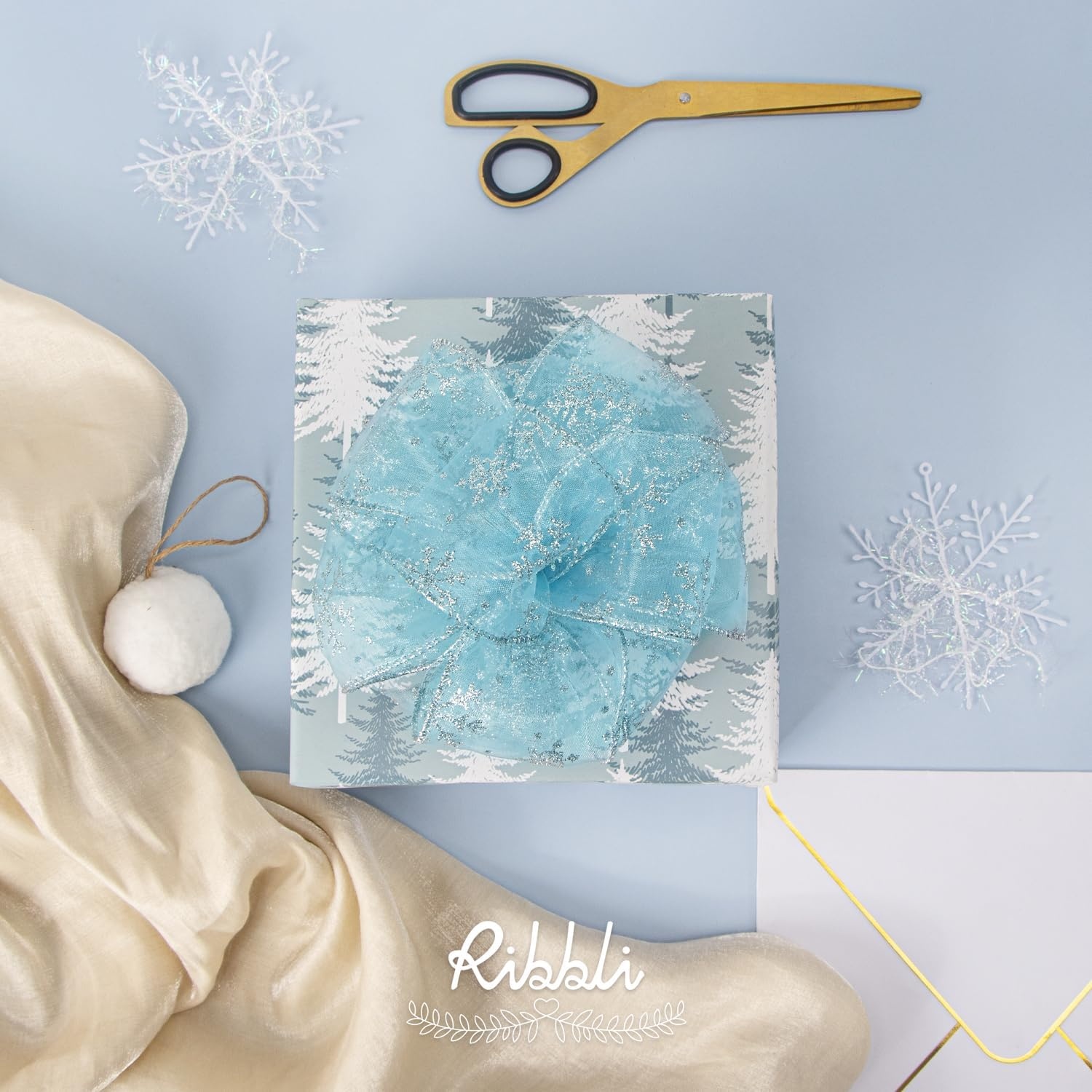 Ribbli Snowflake Glitter Wired Ribbon,Turquoise Blue Organza Sheer with Silver Glitter Snowflake Pattern and Silver Metallic Edge,2-1/2 Inch x 10 Yards Christmas Ribbon for Tree Decoration(Ice Blue/Silver)