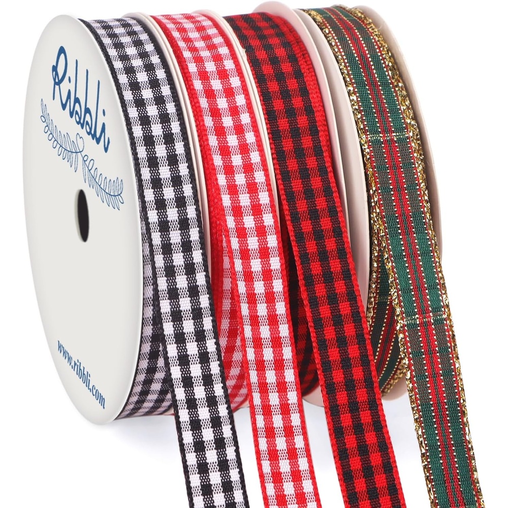 Ribbli 4 Rolls 3/8 Inch Gingham Ribbon, Total 40 Yards, 100% Polyester Woven Edge, (Lt.Pink/Lt.Blue/Lt.Purple/Yellow), Easter Check Use for Baby Shower, Gift Wrapping(Classic Colors)