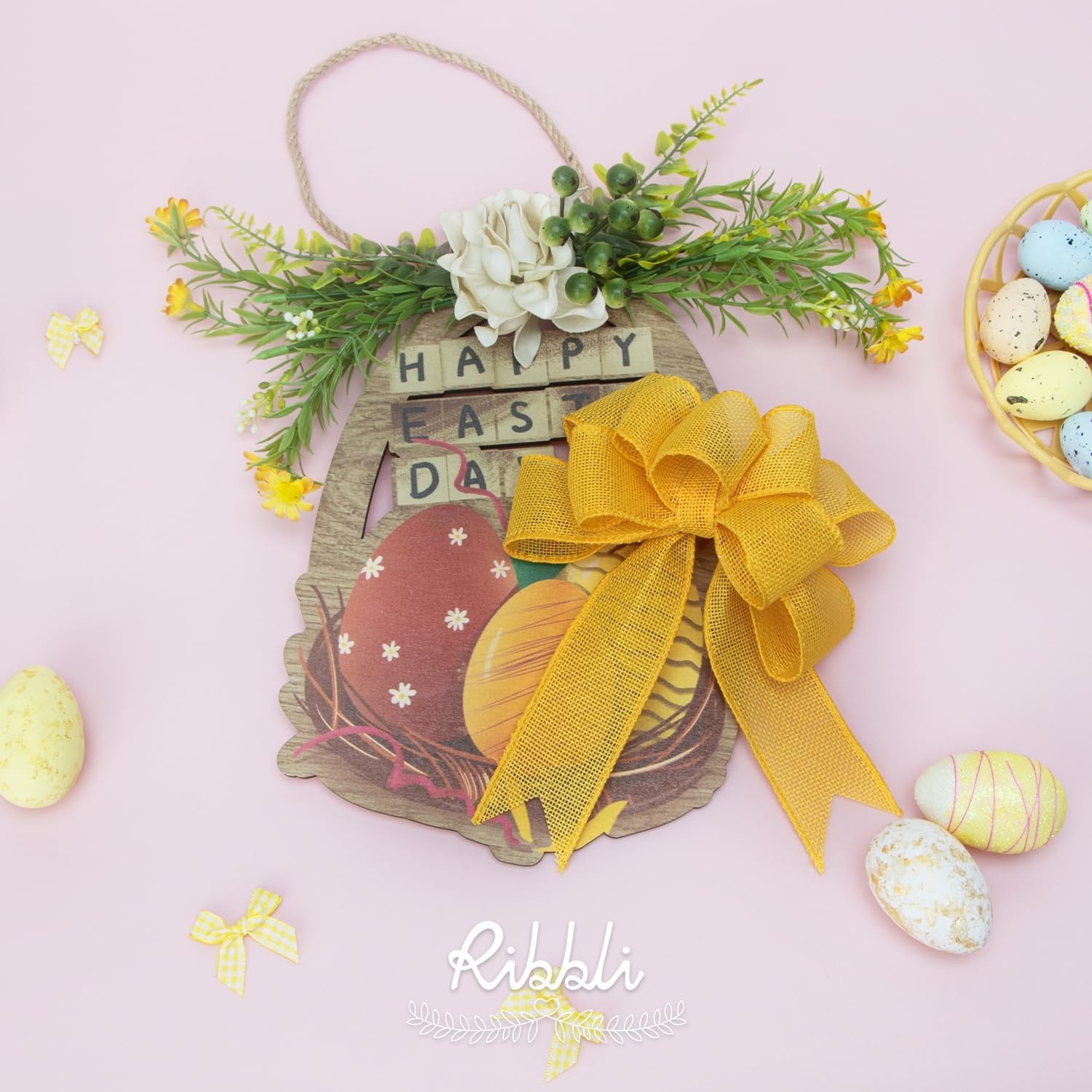 Ribbli Pink Burlap Valentine’s Day Wired Ribbon,1-1/2 Inch x 10 Yard,Easter Wired Edge Ribbon for Big Bow,Wreath,Tree Decoration,Outdoor Decoration(Yellow Gold)