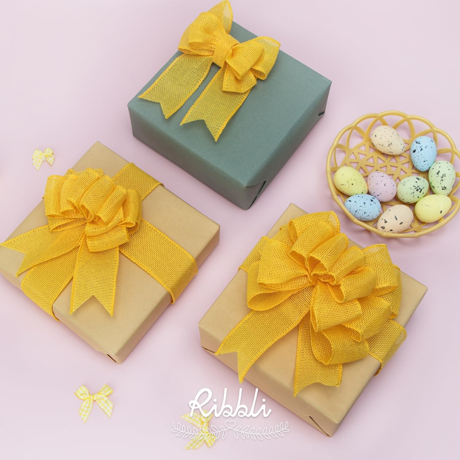 Ribbli Pink Burlap Valentine’s Day Wired Ribbon,1-1/2 Inch x 10 Yard,Easter Wired Edge Ribbon for Big Bow,Wreath,Tree Decoration,Outdoor Decoration(Yellow Gold)