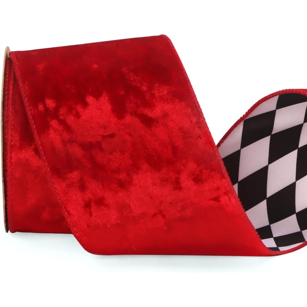 Ribbli Red Crushed Velvet Wired Ribbon with Red Plaid Reversible 4 Inch Christmas Ribbon for Gift Wrapping Christmas Tree Decoration Crafts Wreaths Supplies-10 Yards(Red/Black/White)