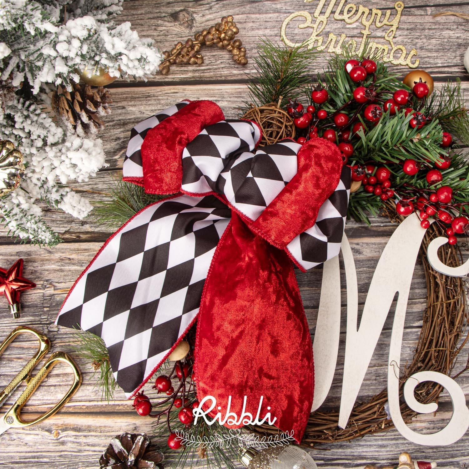 Ribbli Red Crushed Velvet Wired Ribbon with Red Plaid Reversible 4 Inch Christmas Ribbon for Gift Wrapping Christmas Tree Decoration Crafts Wreaths Supplies-10 Yards(Red/Black/White)