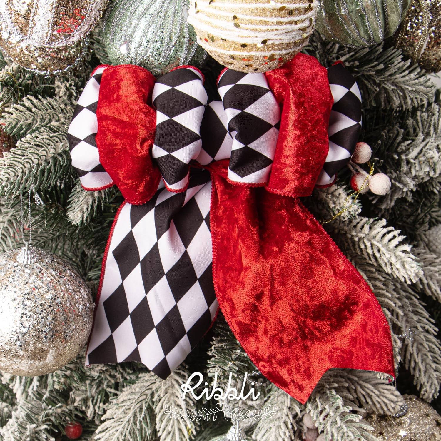 Ribbli Red Crushed Velvet Wired Ribbon with Red Plaid Reversible 4 Inch Christmas Ribbon for Gift Wrapping Christmas Tree Decoration Crafts Wreaths Supplies-10 Yards(Red/Black/White)