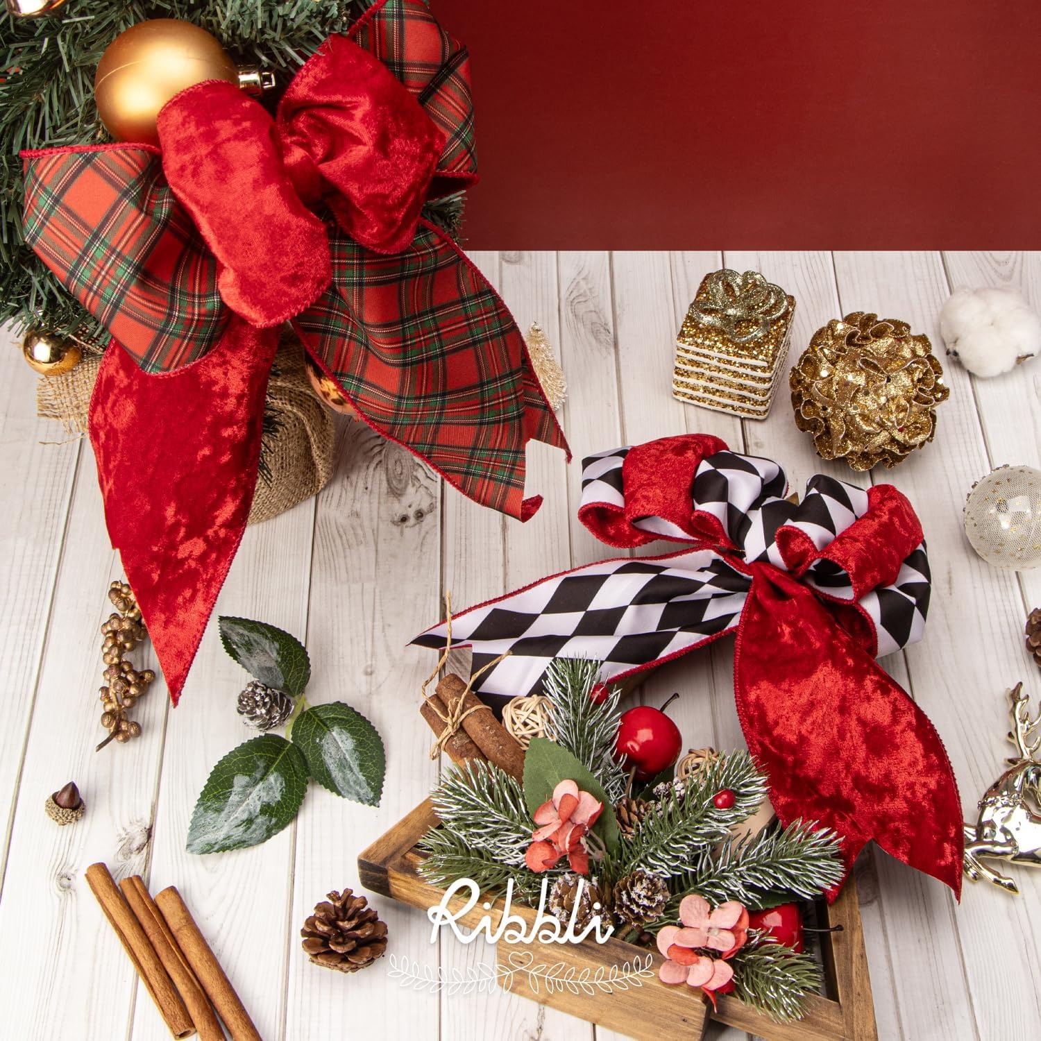 Ribbli Red Crushed Velvet Wired Ribbon with Red Plaid Reversible 4 Inch Christmas Ribbon for Gift Wrapping Christmas Tree Decoration Crafts Wreaths Supplies-10 Yards(Red/Black/White)